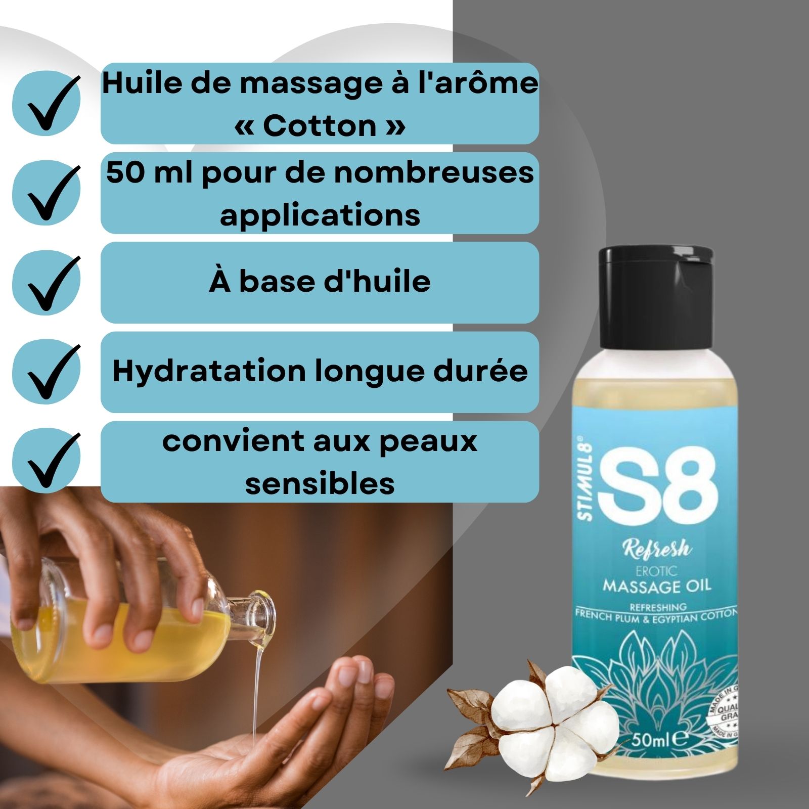 Huile de massage parfum Cotton. Flacon avec bouchon noir. Texte : S8, Refresh, 50ml. Coton et mains.