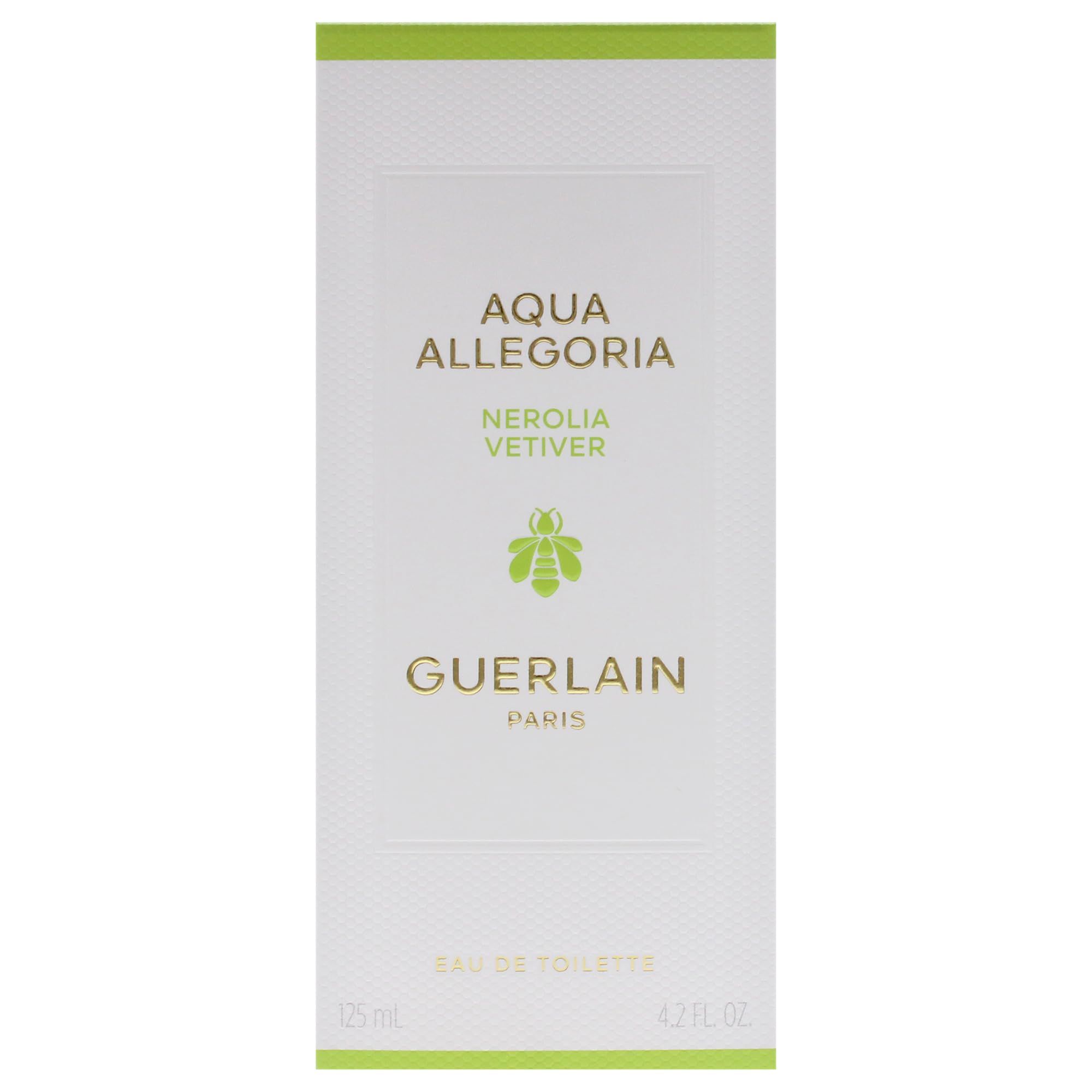 Witte rechthoekige verpakking met groene accenten. Opschrift: Aqua Allegoria, Nerolia Vetiver, Guerlain Paris. Logo: Bij.