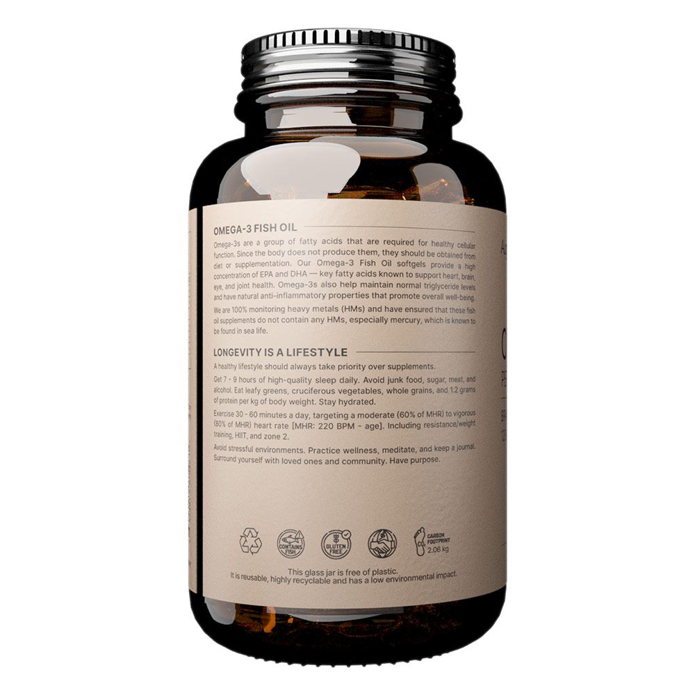 Bouteille en verre brun contenant des gélules d'huile de poisson oméga-3. Étiquette avec informations produit et sceaux.