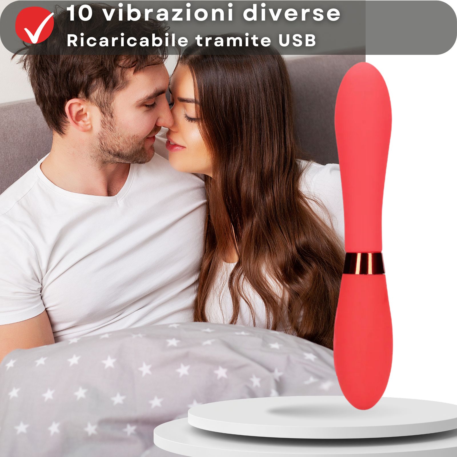 Rode vibrator op de voorgrond, koppel op de achtergrond. Tekst: 10 verschillende trillingen, oplaadbaar via USB.