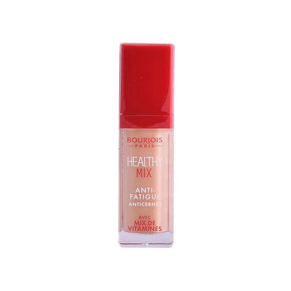 Correcteur Bourjois Healthy Mix, beige doré. Bouchon rouge, flacon transparent. Texte: Healthy Mix, Anti-Fatigue, Mix de Vitamines.