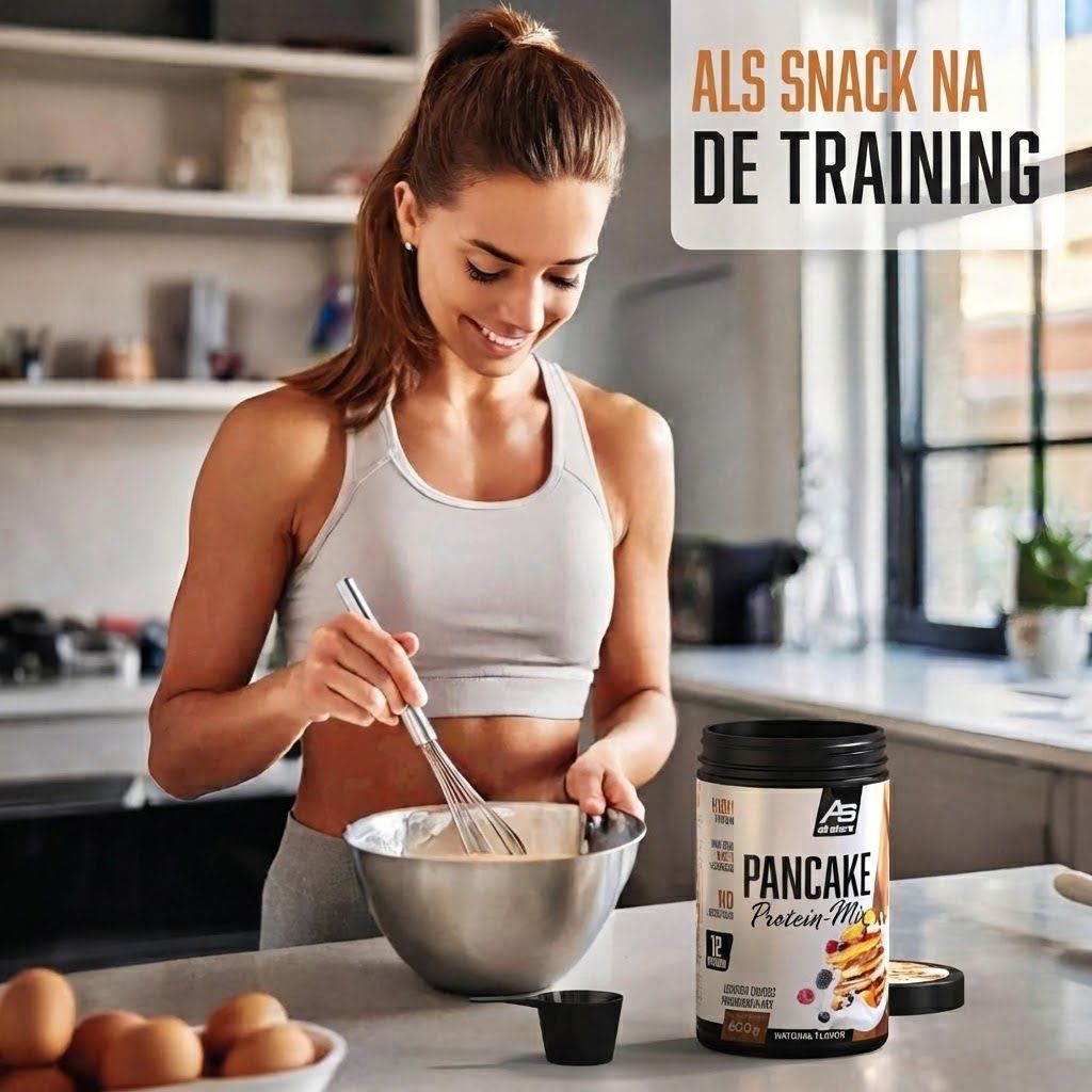 Vrouw bereidt All Stars Pancake Protein Mix voor, pot zichtbaar.