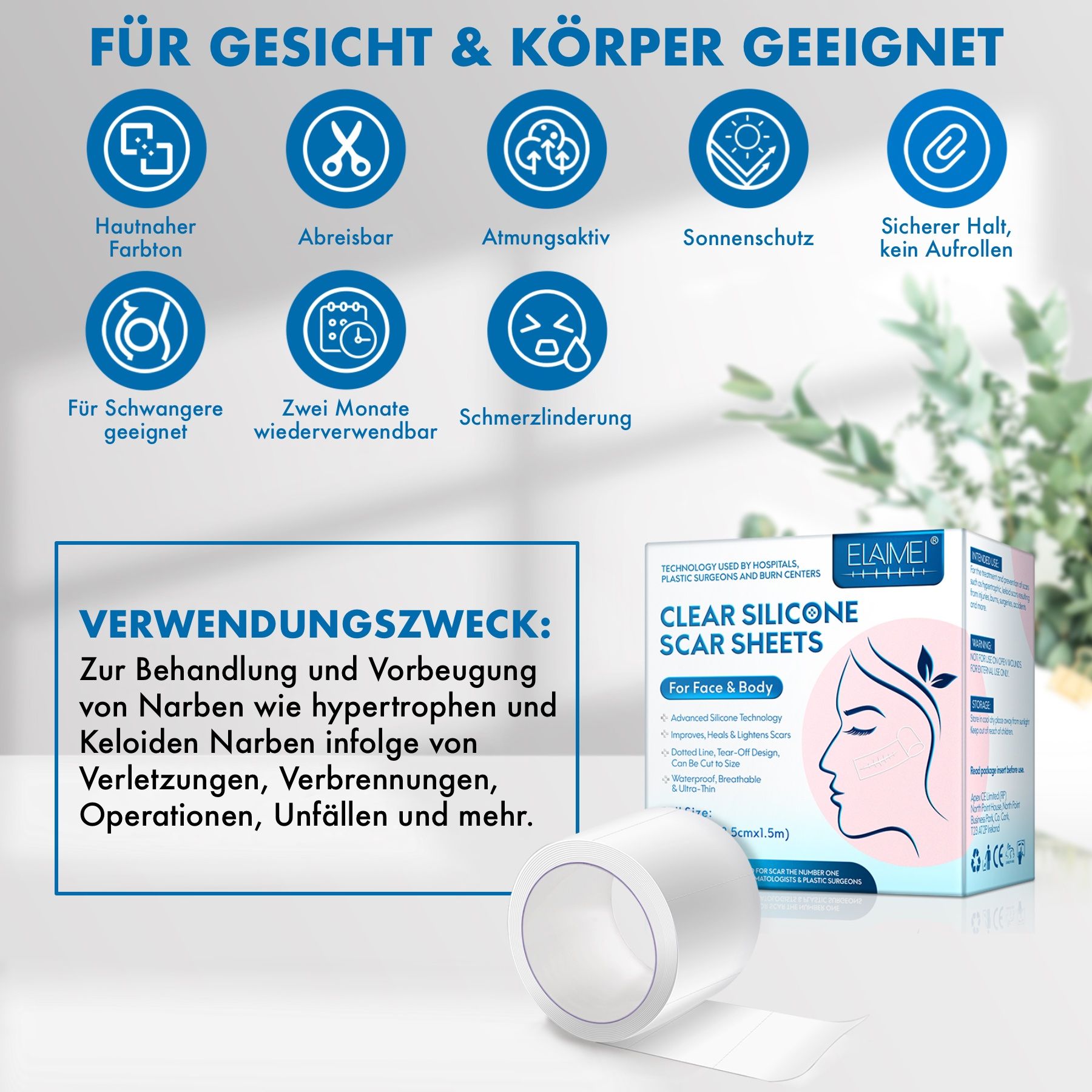 Productrol en verpakking. Tekst: Geschikt voor gezicht en lichaam. ELAIMEI Clear Silicone Scar Sheets. Tekst: Gebruik.