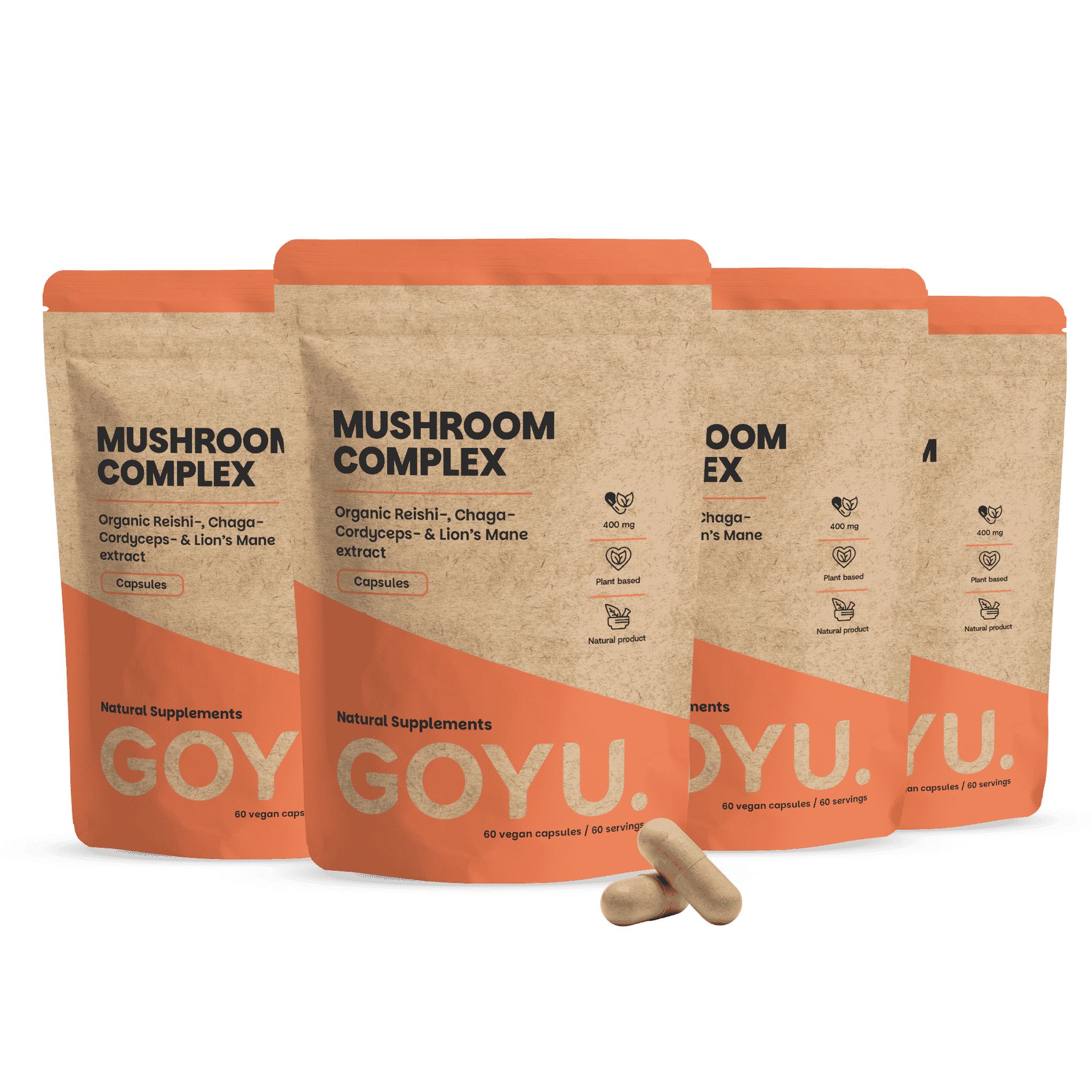 Quatre paquets de gélules GOYU Mushroom Complex, un paquet ouvert, deux gélules à côté.