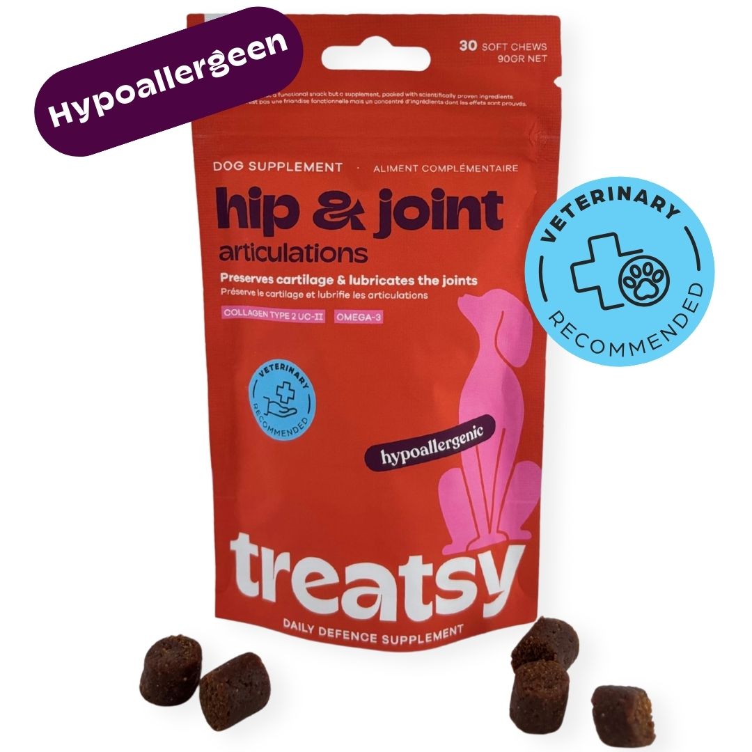 Rode zak voor honden. Opschrift: Hip & Joint, Articulations. Bruine, ronde brokken ernaast.