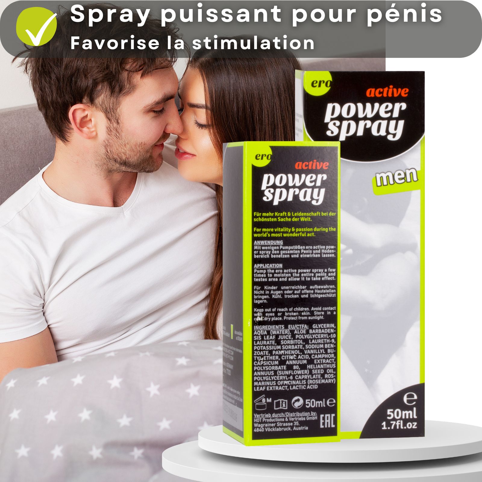Flacon et emballage du produit. Couple au lit. Texte : Spray puissant pour pénis, favorise la stimulation.