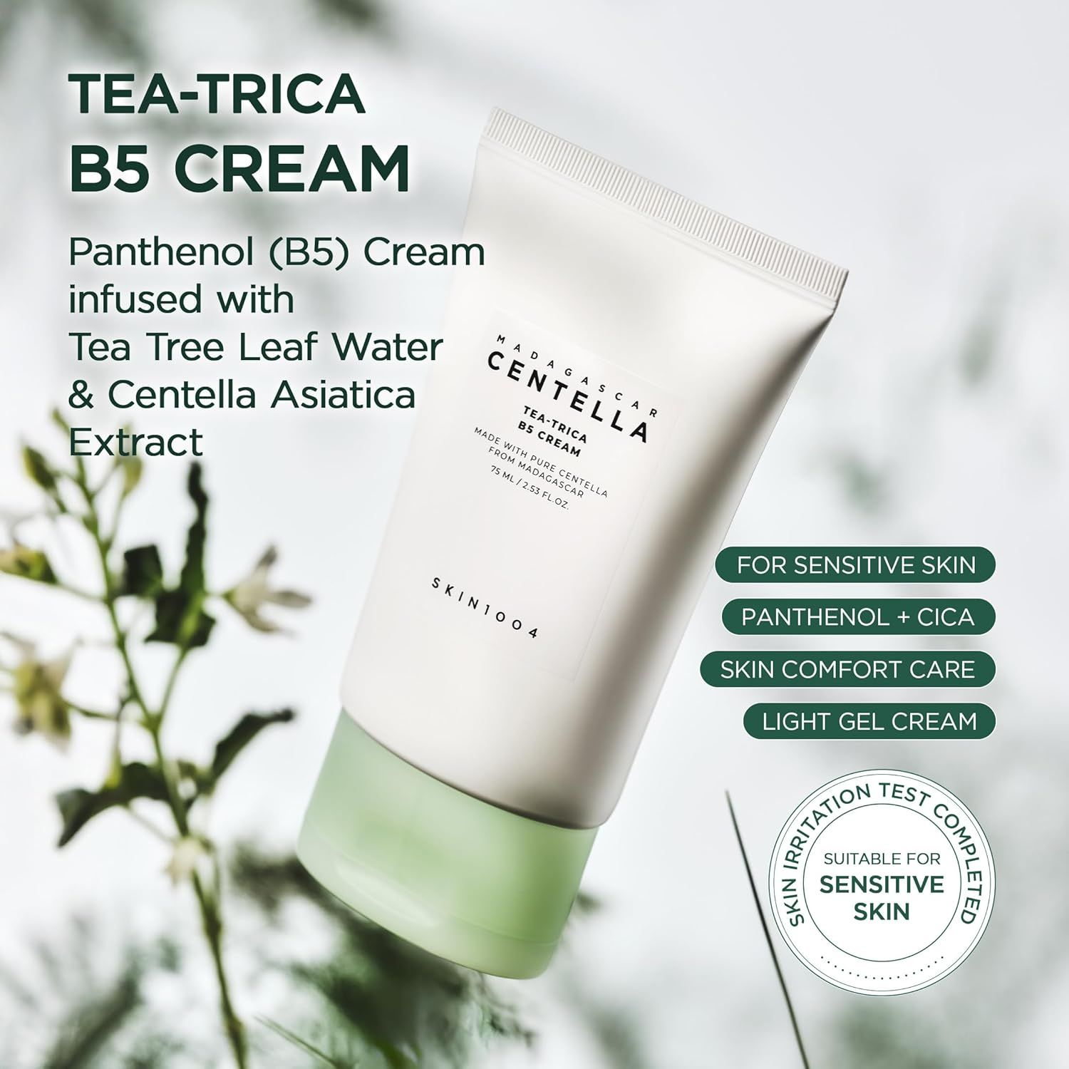 Crèmetube met groene dop. Tekst: Tea-Trica B5 Cream, SKIN1004. Voor gevoelige huid. Getest.