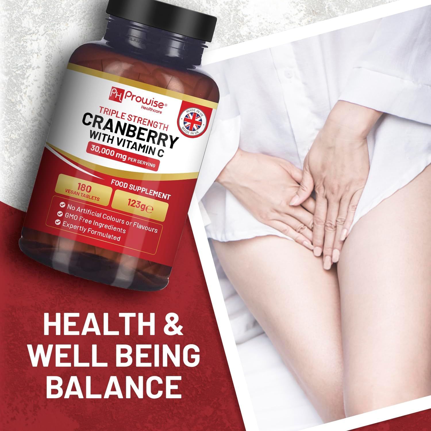 Flacon brun avec étiquette du produit. Texte: Cranberry avec vitamine C. Arrière-plan: femme se touchant le bas-ventre. Texte: Santé & Bien-être.