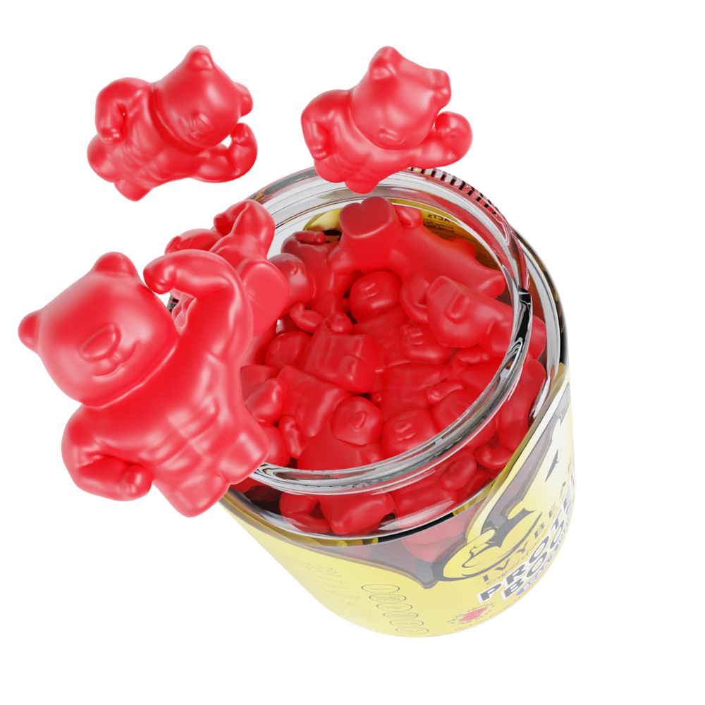 Gommes rouges sortant d'un pot. Le pot est partiellement rempli. Autocollant jaune.