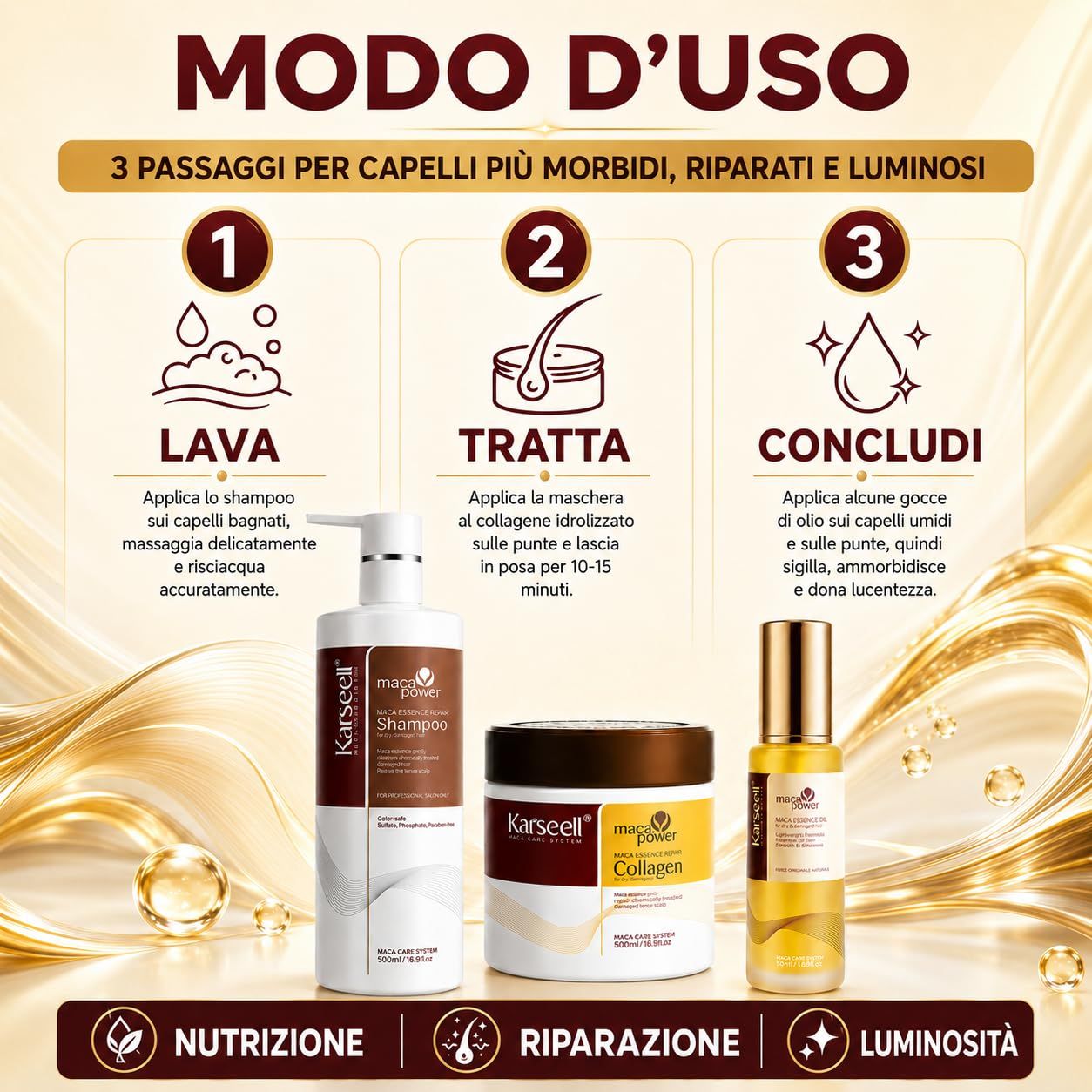 Trois produits capillaires Karseell : shampoing, masque au collagène et huile capillaire.