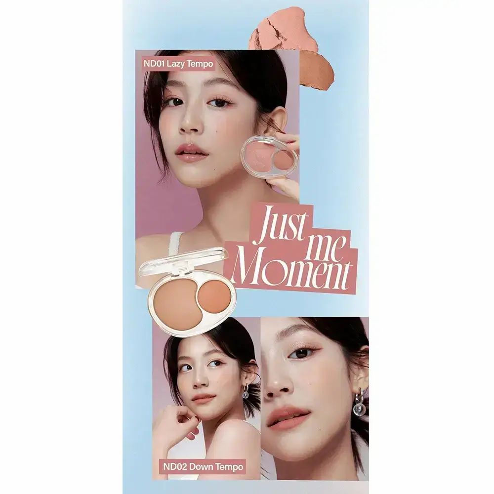 Promotiebeeld met een vrouw die FWEE Mellow Dual Blusher ND02 Down Tempo gebruikt. Product in ovale verpakking.