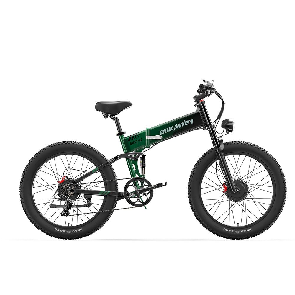 Groene elektrische mountainbike DUKAWEY BTS-6. Zwarte banden, zadel en stuur. Zichtbaar merk en model.