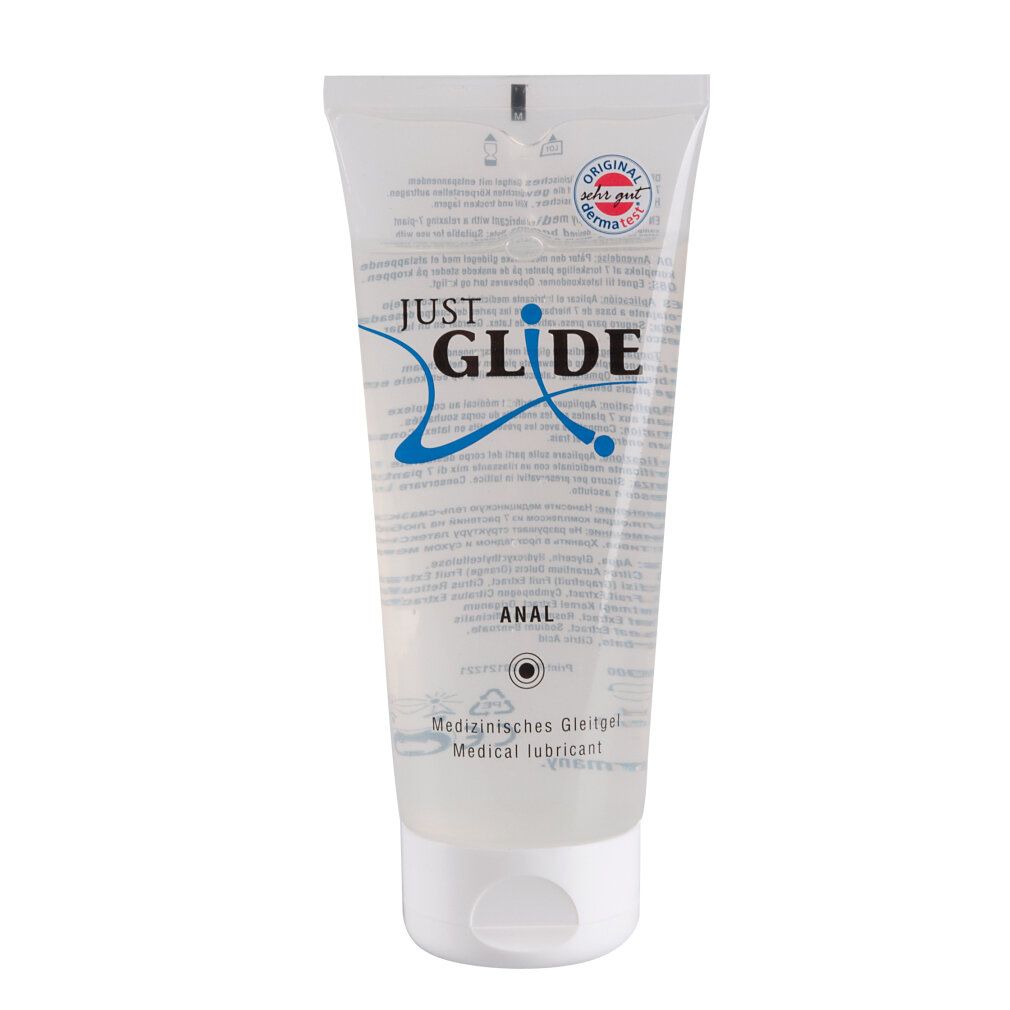 Tube de gel lubrifiant. Inscription : JUST GLIDE ANAL. Textes supplémentaires : Medizinische Gleitgel, Medical lubricant.