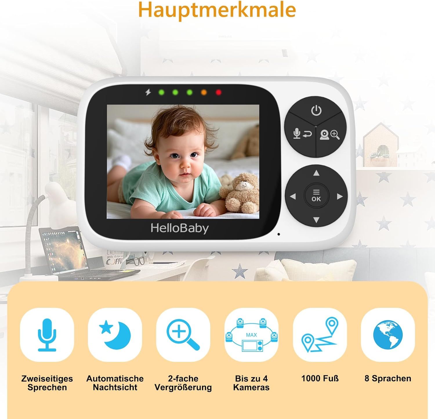 Moniteur babyphone avec caractéristiques principales : audio bidirectionnel, vision nocturne, zoom 2x, jusqu'à 4 caméras, portée 1000 pieds.