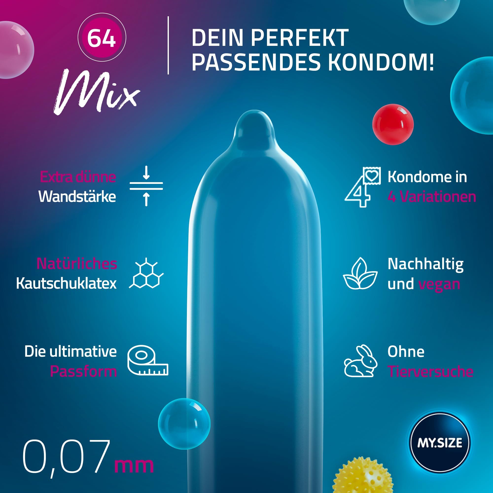Préservatif MY.SIZE, épaisseur 0,07 mm, en latex de caoutchouc naturel, vegan, non testé sur les animaux.