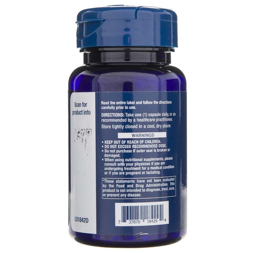 Achterkant van de fles met instructies en waarschuwingen voor folaat en vitamine B12.