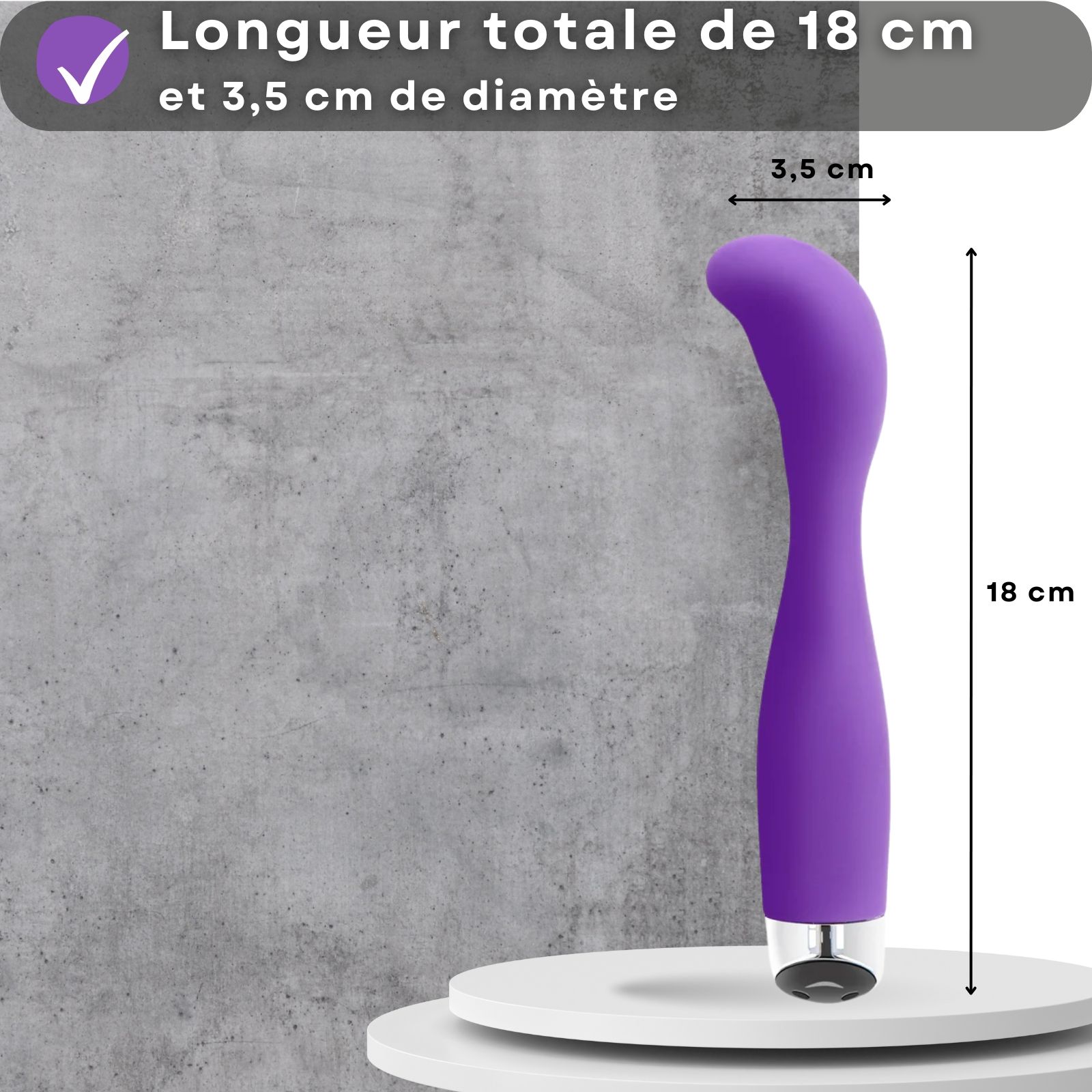 Vibrateur violet. Silicone, forme incurvée. Dimensions: 18 cm de long, 3,5 cm de diamètre.
