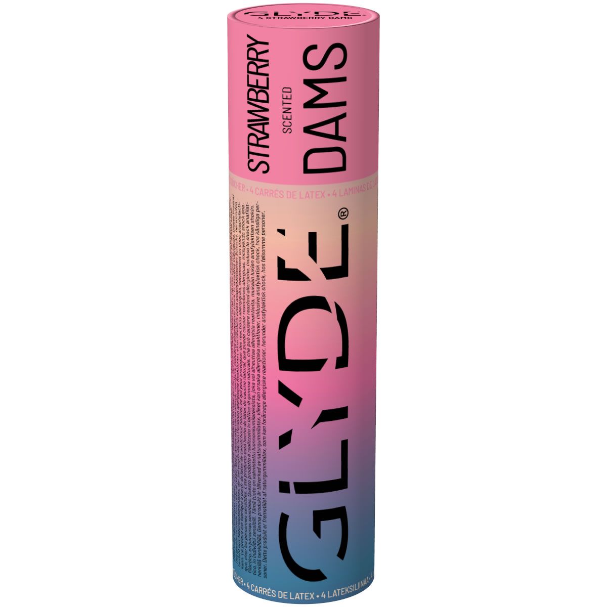 Emballage cylindrique de GLYDE DAMS. Inscription: Fraise, parfumé, DAMS. Dégradé de rose à bleu.