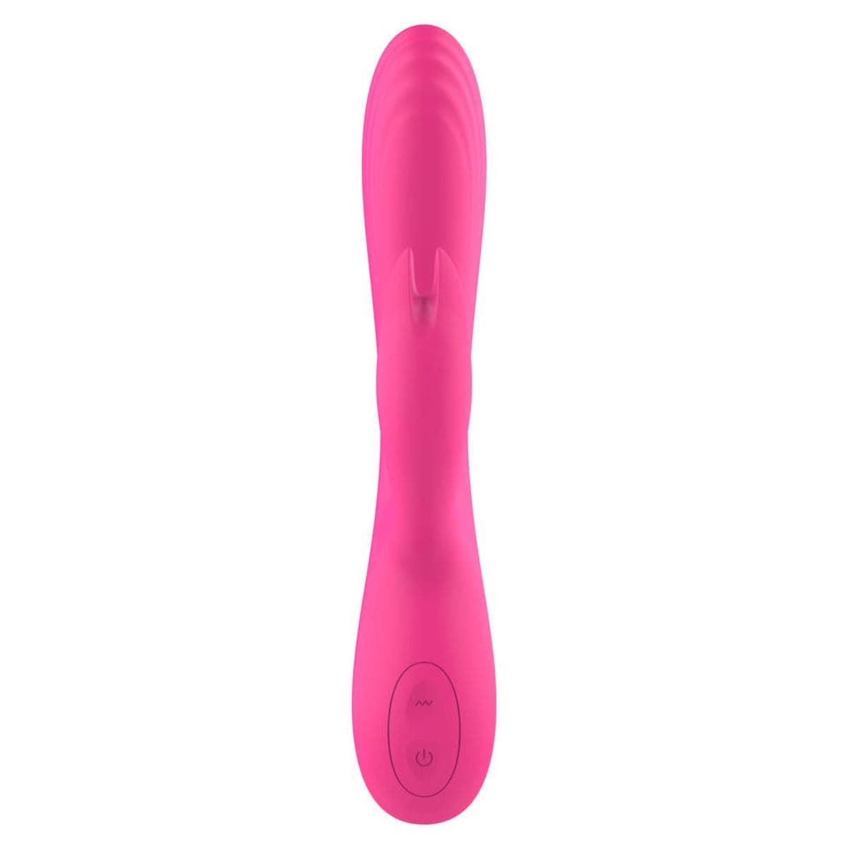 Roze vibrator met konijnenoren-ontwerp. Met bedieningsknoppen en geribbeld oppervlak.