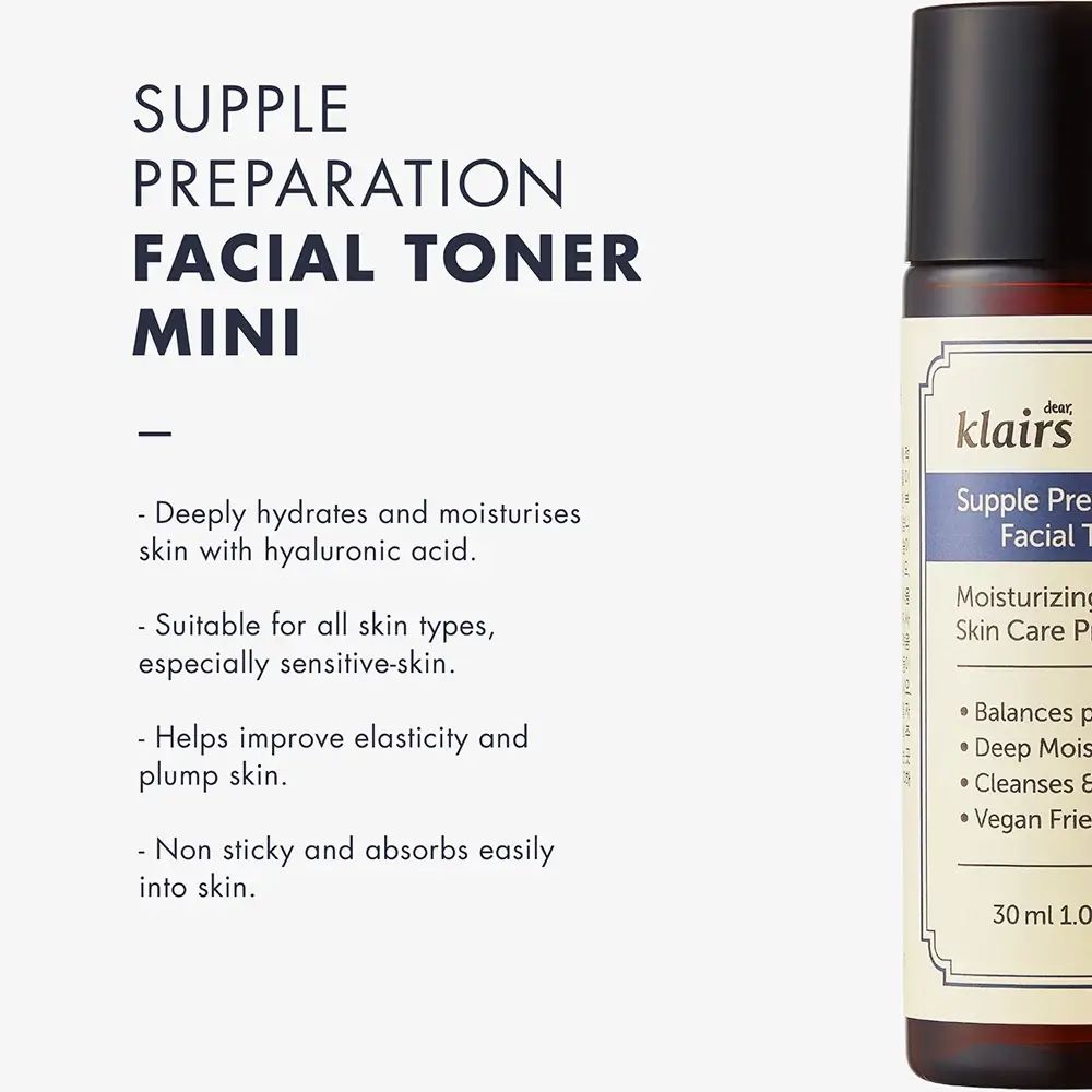 Informations sur le produit et flacon. Texte : Supple Preparation Facial Toner. 30 ml.