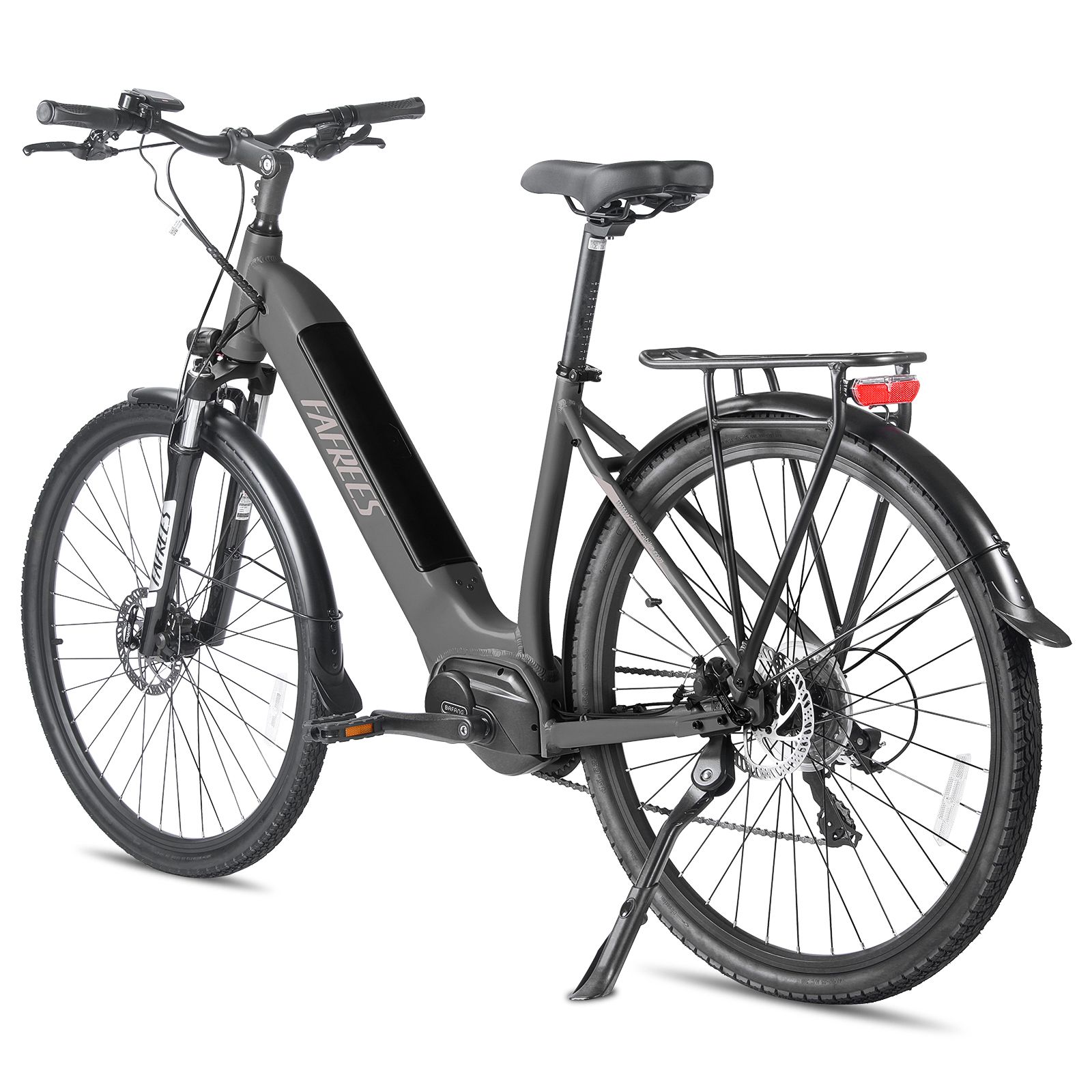 Vélo électrique de trekking gris Fafrees. Porte-bagages, garde-boue, feu arrière. Vue arrière.