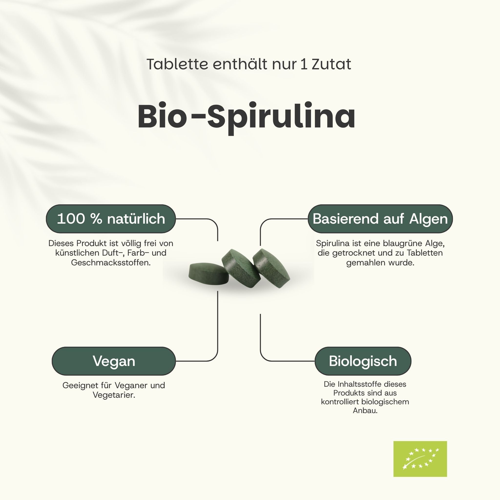Trois comprimés de spiruline bio verts, présentés individuellement et en groupe. Le texte souligne 'Spiruline bio', '100% naturel', 'Vegan' et 'Biologique'.