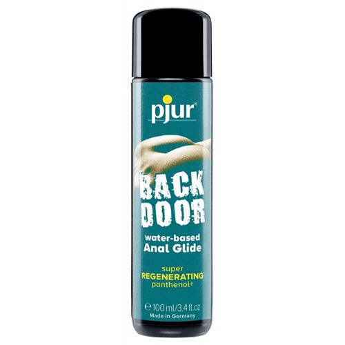 Flacon cylindrique noir et vert. Inscription : pjur, BACK DOOR, Anal Glide, Panthenol+. Fabriqué en Allemagne.