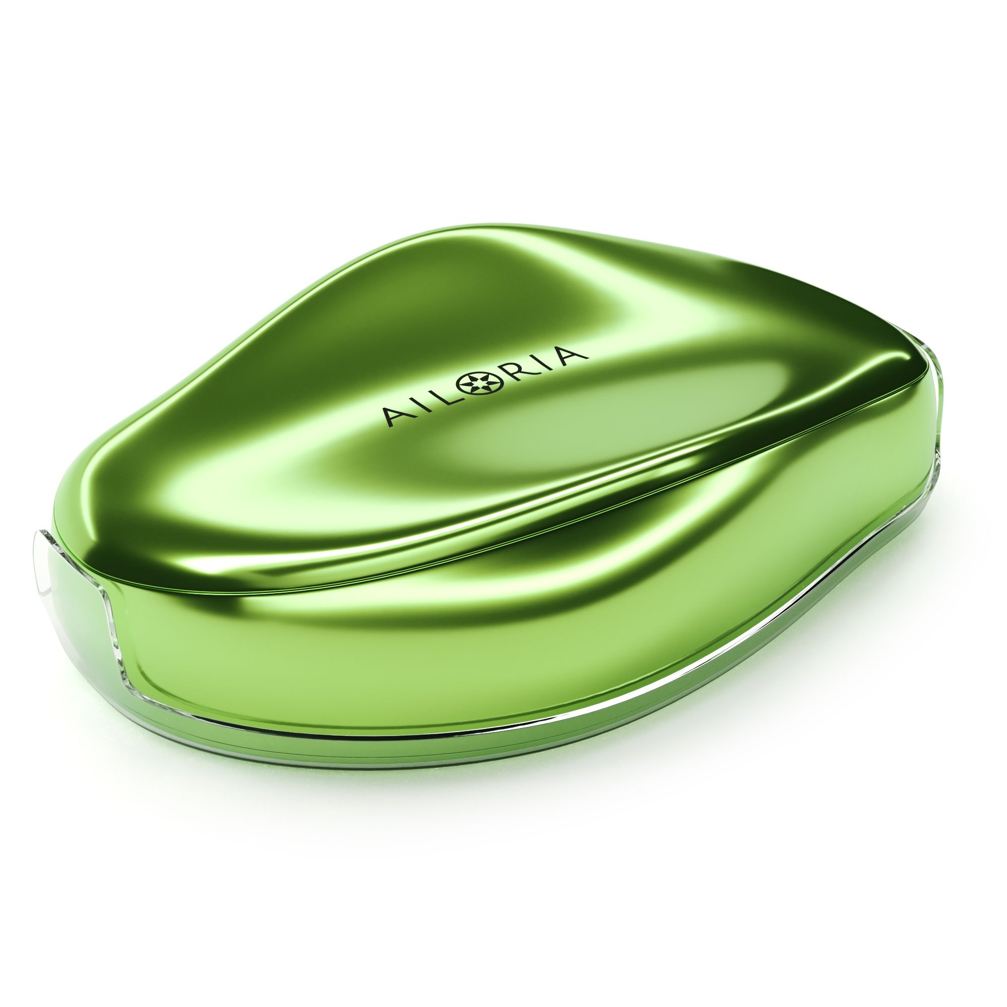 Épilateur AILORIA GLISSETTE vert dans un support transparent. Le produit a une surface brillante.