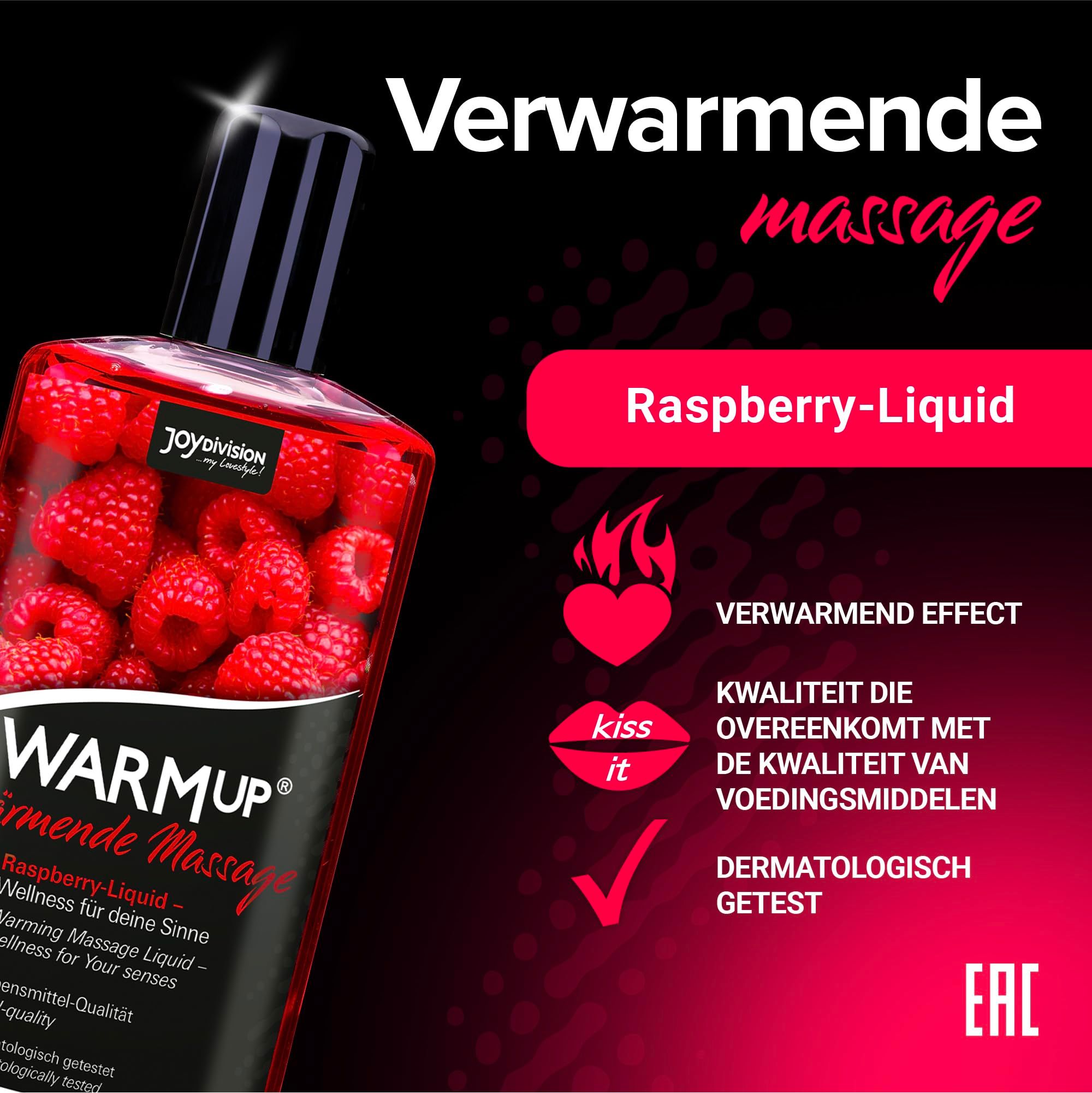 Fles verwarmende massageolie, frambozenmotief.