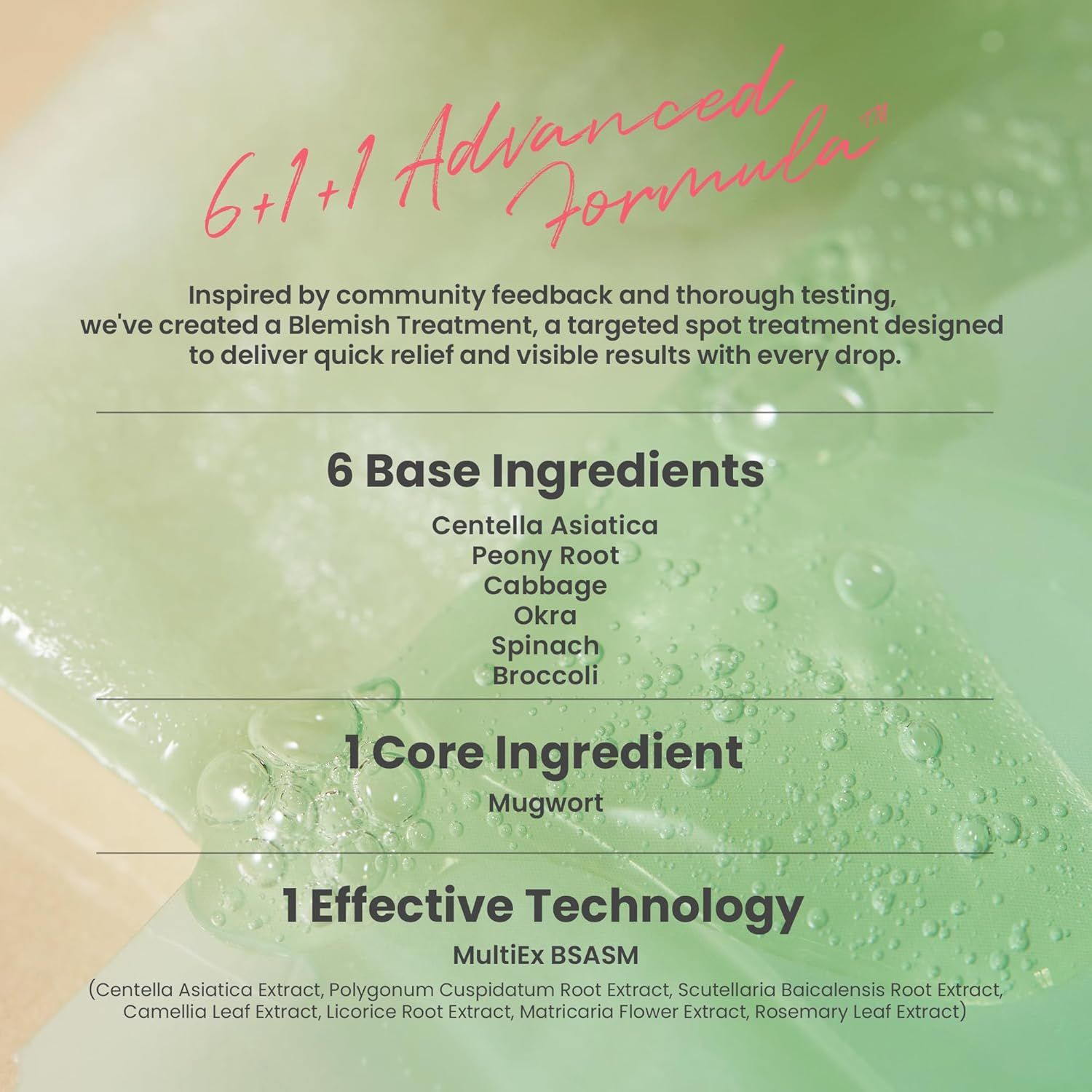 6+1+1 Geavanceerde Formule. 6 basisingrediënten, 1 kerningrediënt, 1 effectieve technologie. Tekst op groene achtergrond.