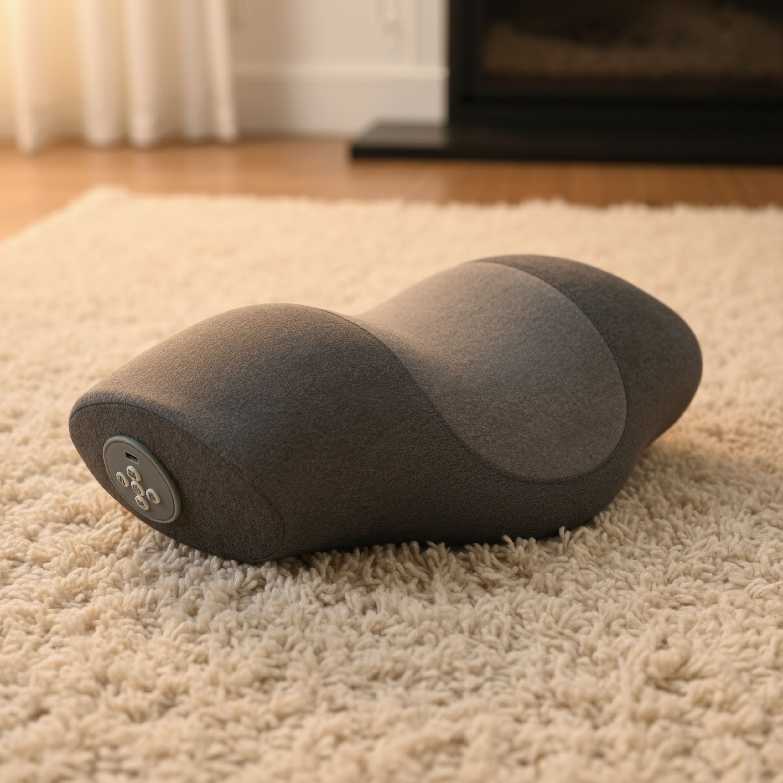 Grijs nekkussen op een tapijt. Ergonomische vorm met bedieningspaneel.