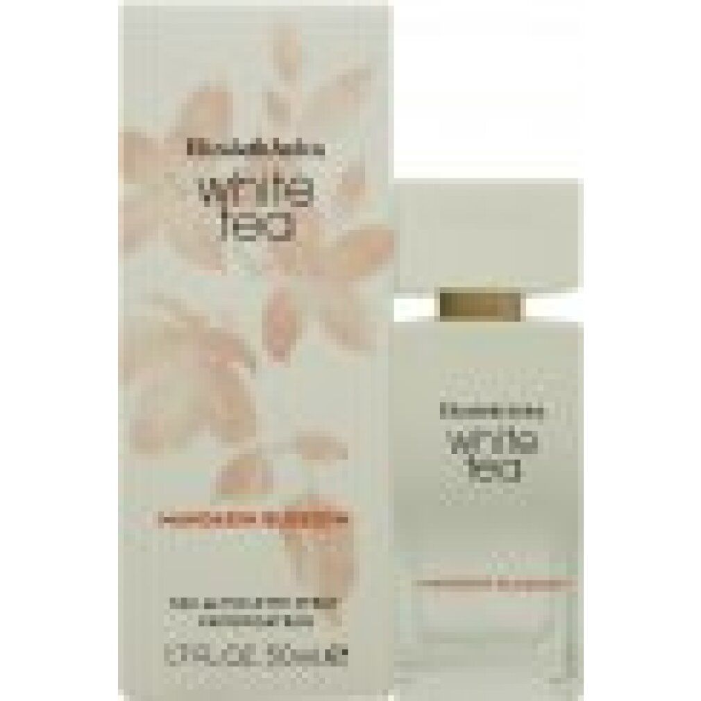 Flacon et boîte de parfum blancs. Inscription : Elizabeth Arden White Tea Mandarin Blossom Eau de Toilette Spray.
