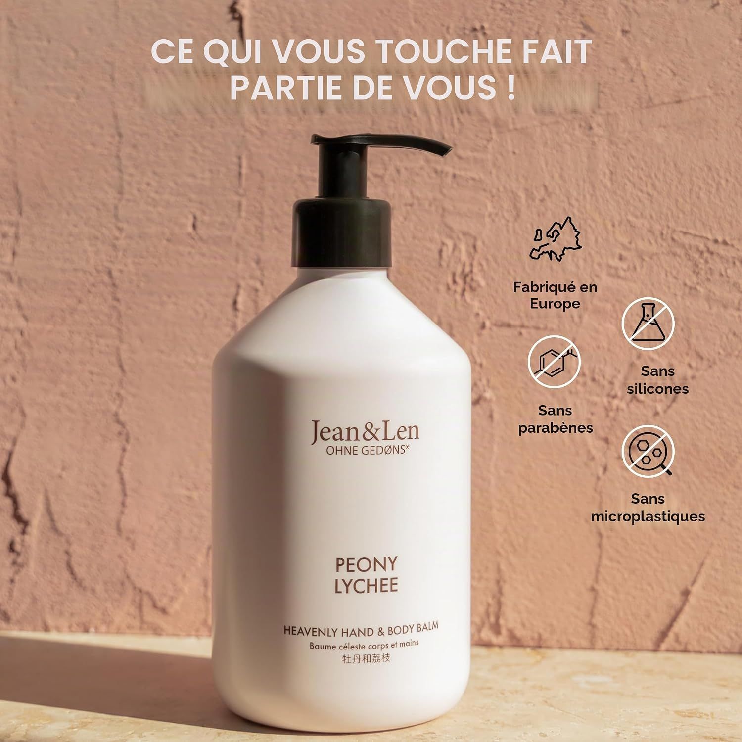 Flacon blanc avec pompe, Jean & Len Peony Lychee Heavenly Hand & Body Balm.