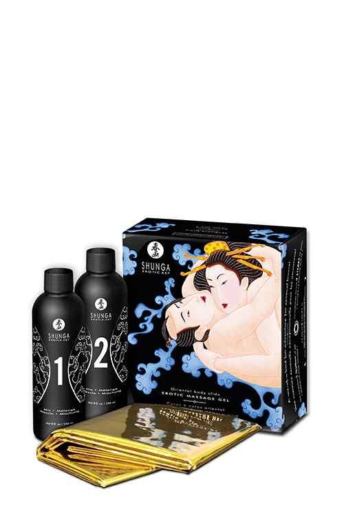 Shunga Oriental Body Massage Gel set met twee zwarte flessen en een gouden onderlegger.
