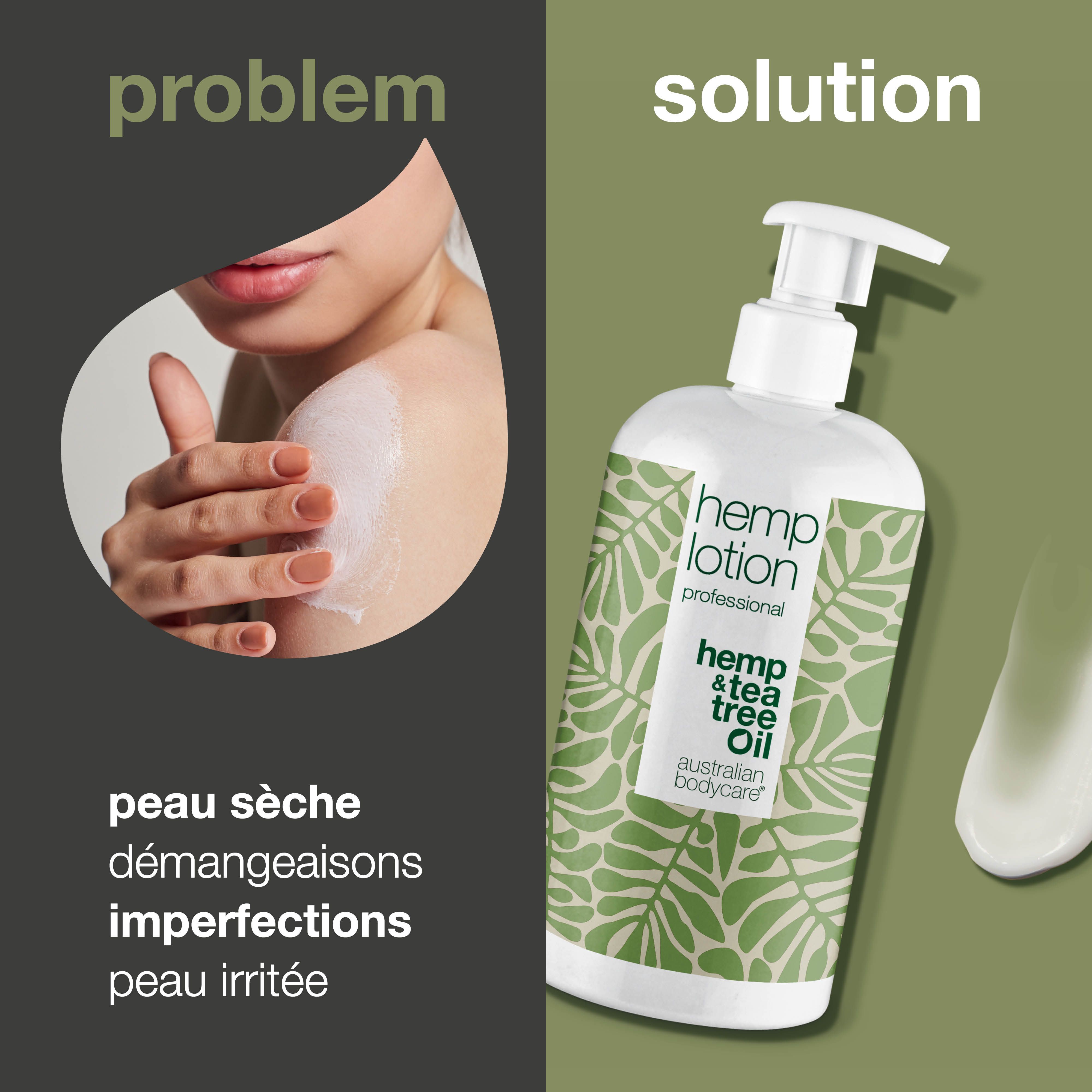 Flacon à côté du texte : problème, peau sèche, démangeaisons, imperfections, peau irritée. Solution : lotion.