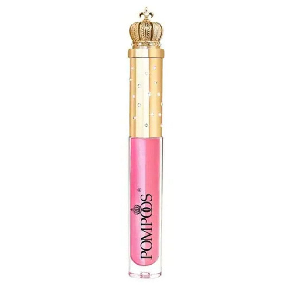Gloss à lèvres rose. Tube doré avec strass et bouchon couronne. Logo Pompöös.