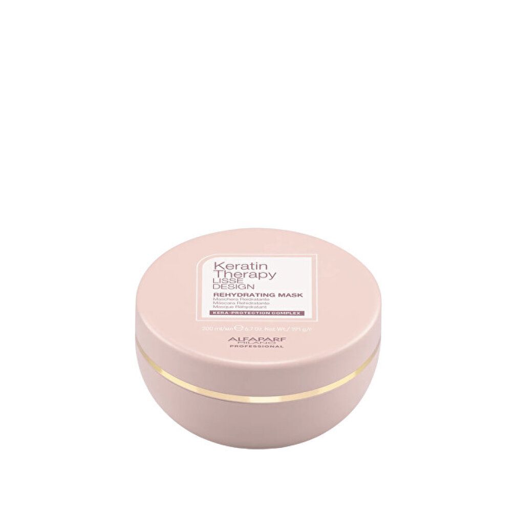 Ronde, lichtroze pot met gouden band. Etiket met 'Keratin Therapy Lisse Design Rehydrating Mask'.
