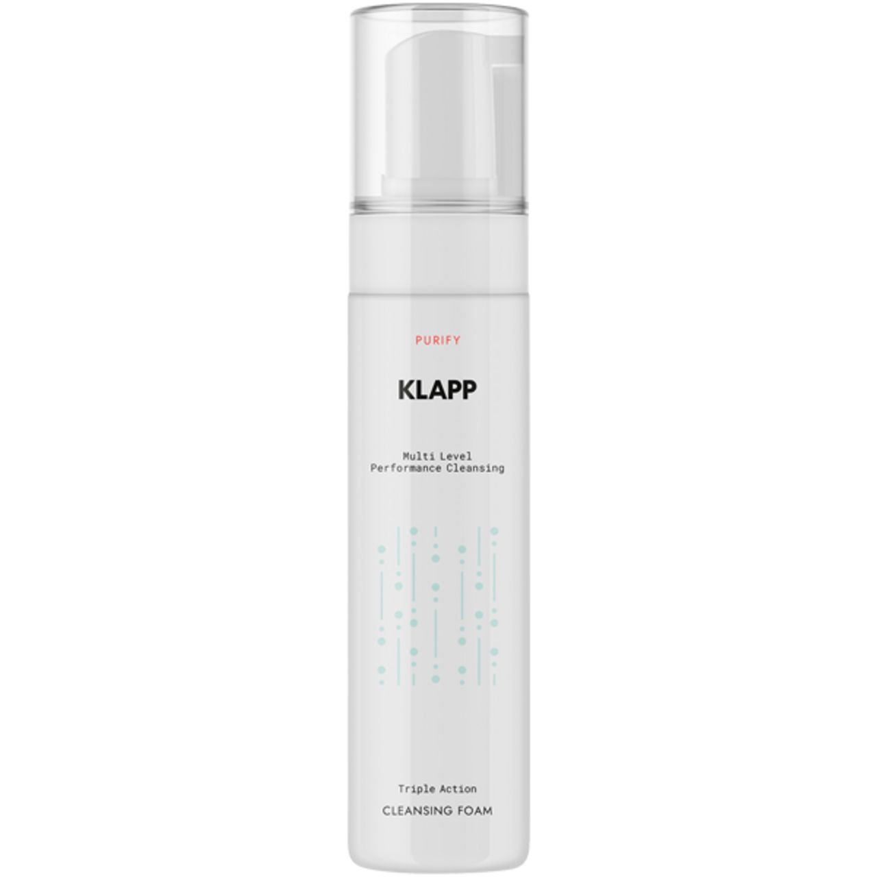 Klapp Multi Level Performance Cleansing Foam. Witte fles met pomp. Tekst: PURIFY, KLAPP, Triple Action Cleansing Foam.