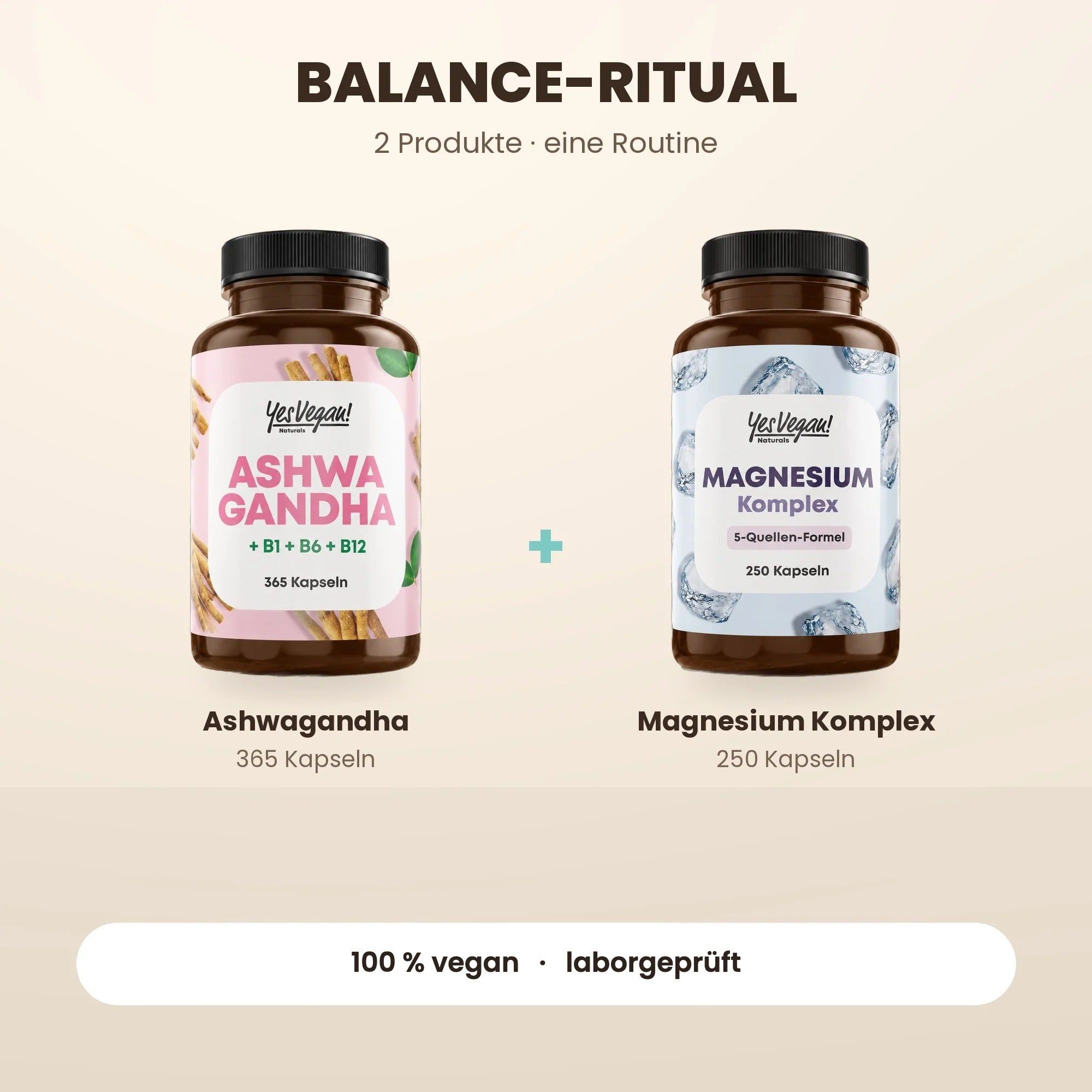 Trois bouteilles de compléments alimentaires : Complexe de fer, Vitamines solaires et Complexe de super champignons.