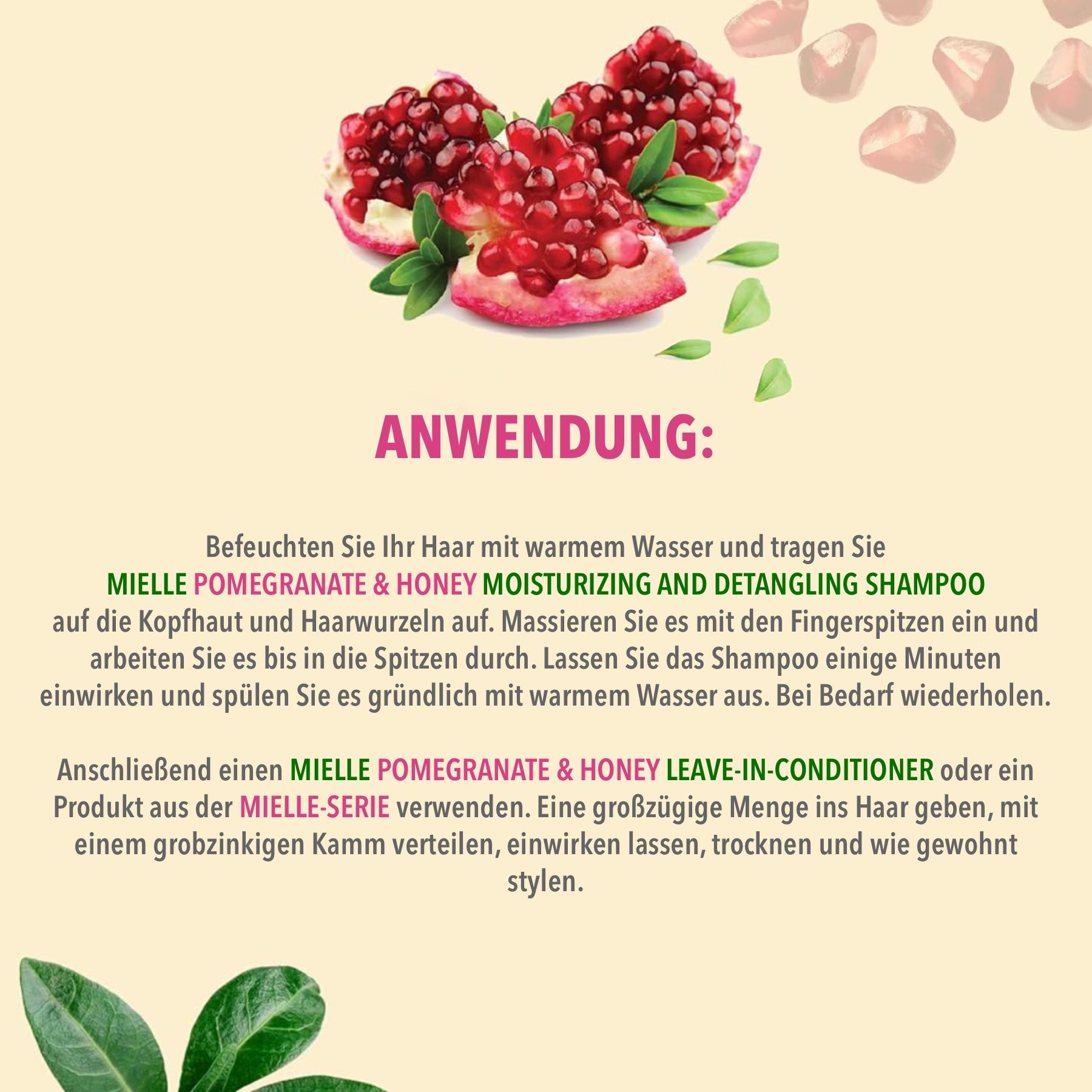 Instructions d'utilisation du shampooing et revitalisant sans rinçage Mielle Organics. Texte sur fond vert.