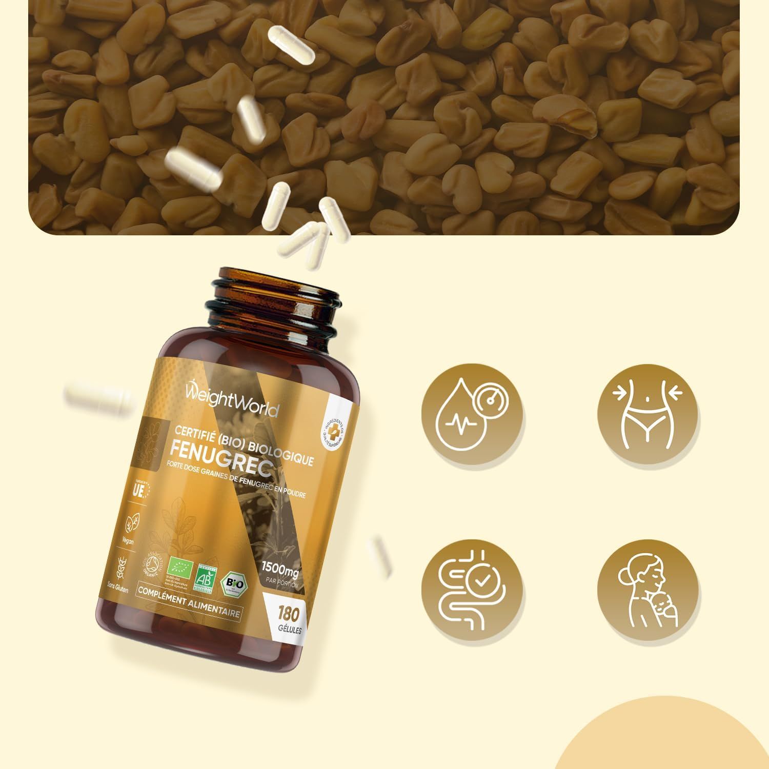 Bouteille en verre brun de capsules de fenugrec, entourée de graines et de capsules de fenugrec.
