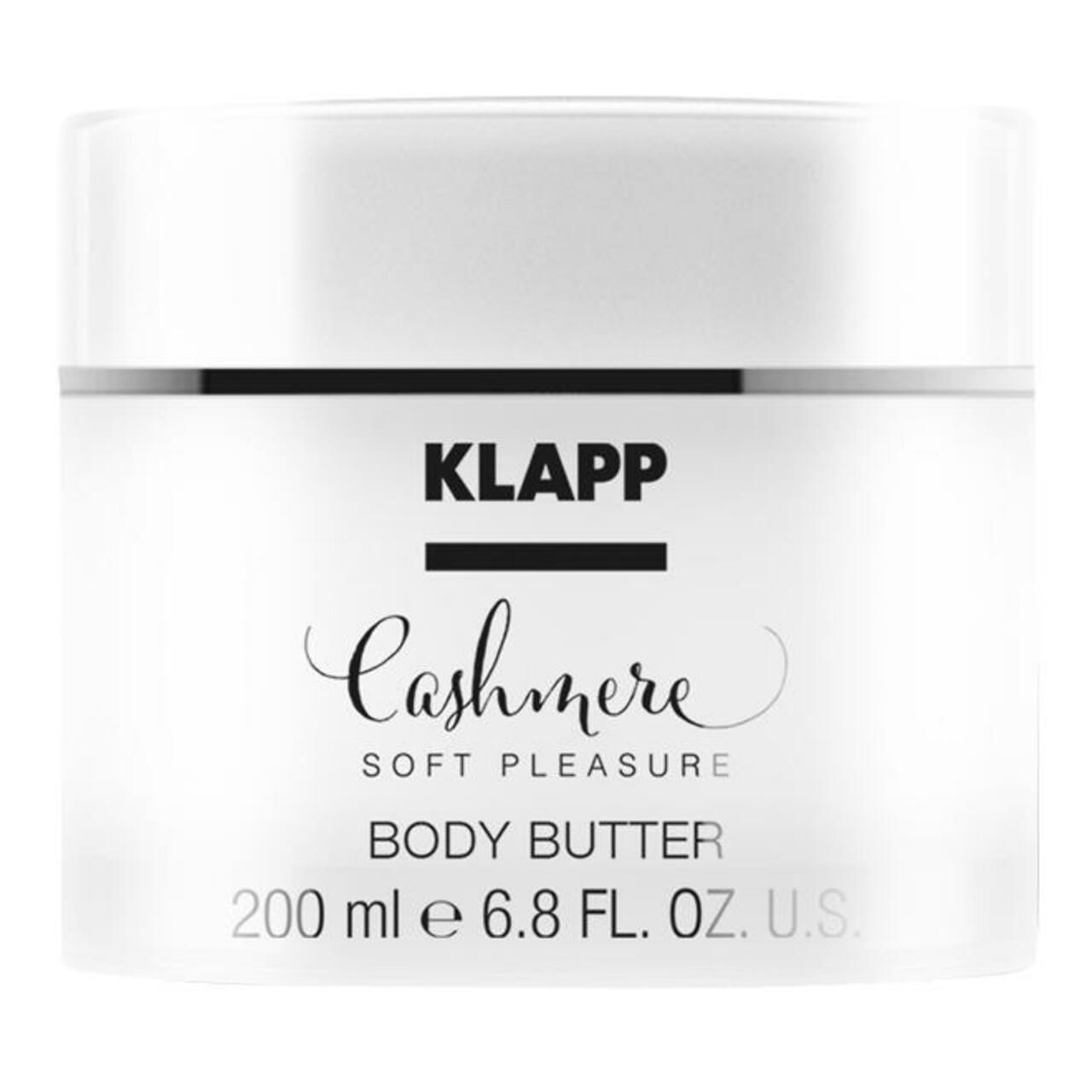 Pot de beurre corporel Klapp Cashmere blanc. Couvercle et anneau argenté. Inscription : Klapp, Cashmere, Soft Pleasure, Body Butter.
