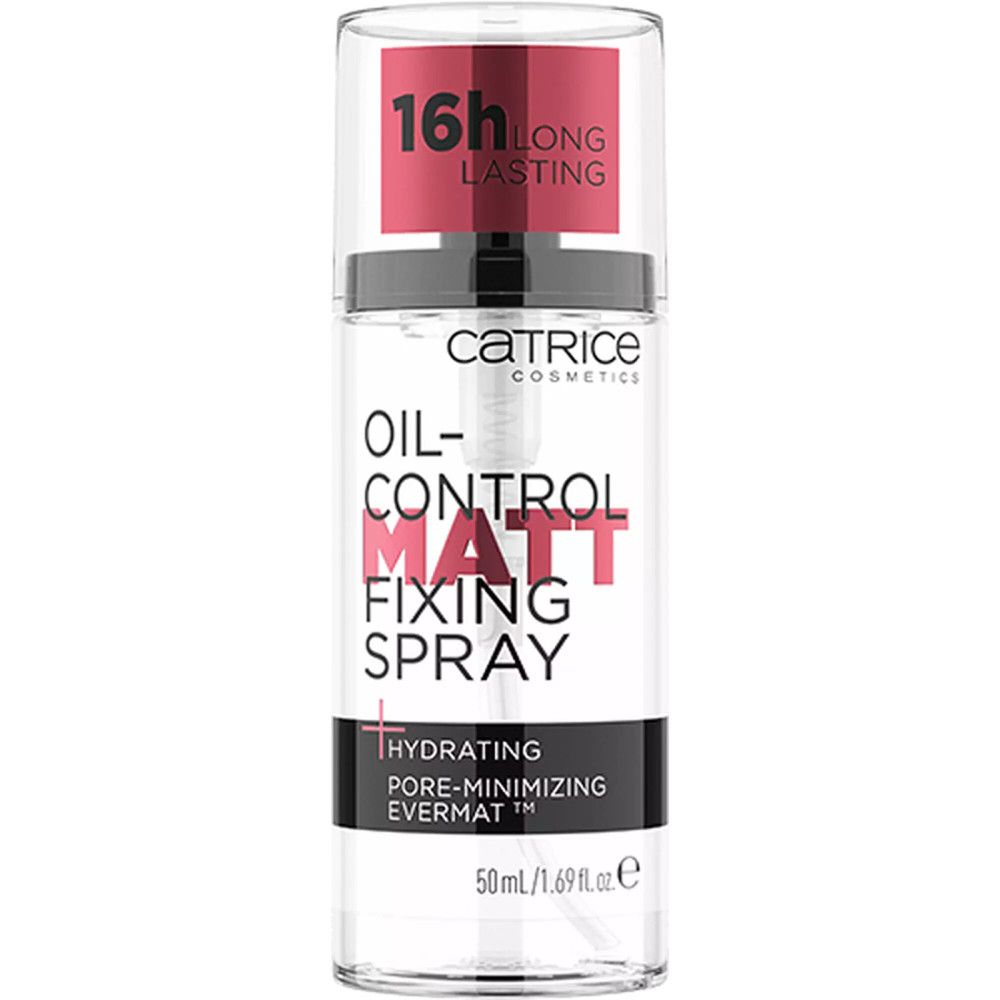 Spray fixateur matifiant Catrice. Flacon transparent avec tête noire. Étiquette rose avec '16h Long Lasting'.