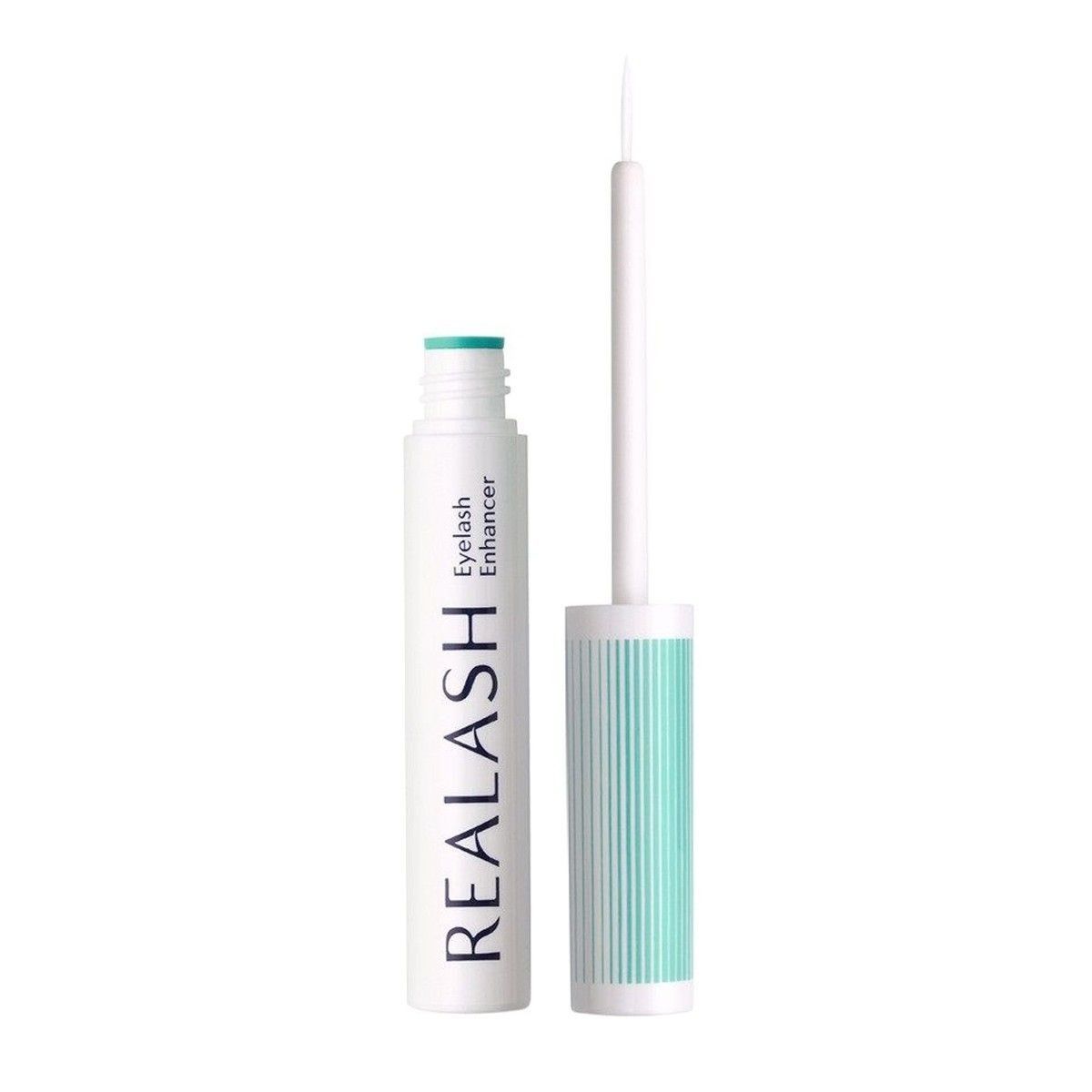 Witte houder met blauwgroene accenten en tekst REALASH Eyelash Enhancer. Applicator ernaast.