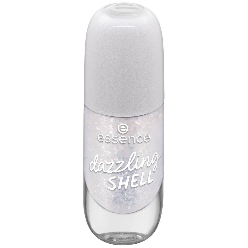 Vernis à ongles Essence pailleté, flacon ouvert avec applicateur à côté.