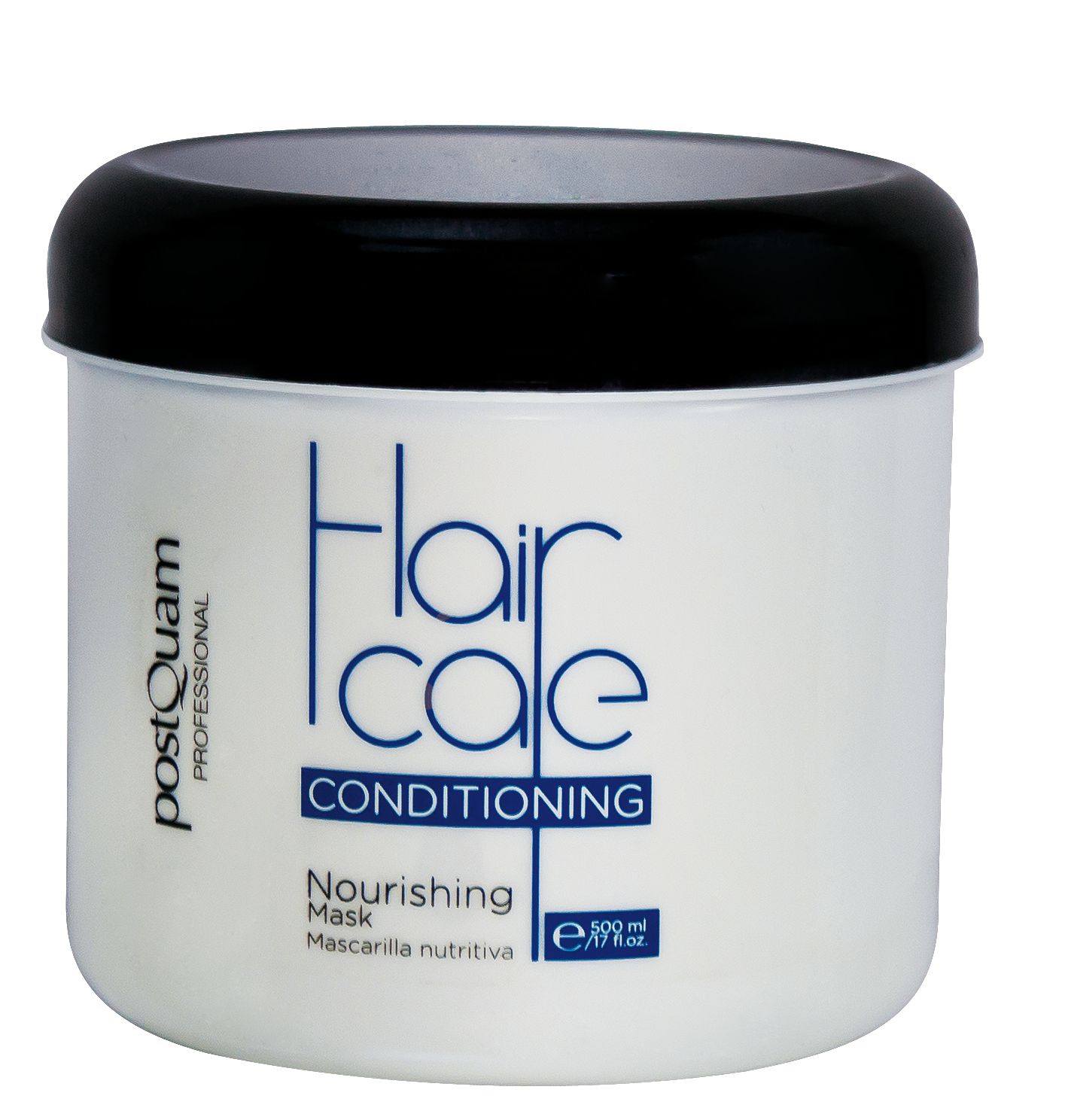 Witte pot met zwarte deksel. Opschrift: Hair Care Conditioning, Nourishing Mask. Merk: Postquam.