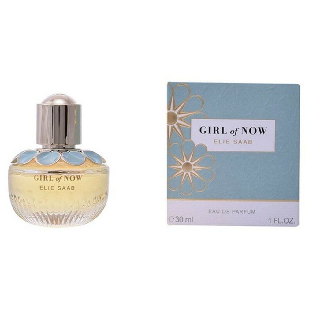 Flacon de parfum et boîte. Inscription : GIRL of NOW, ELIE SAAB. Boîte avec motif floral et texte.