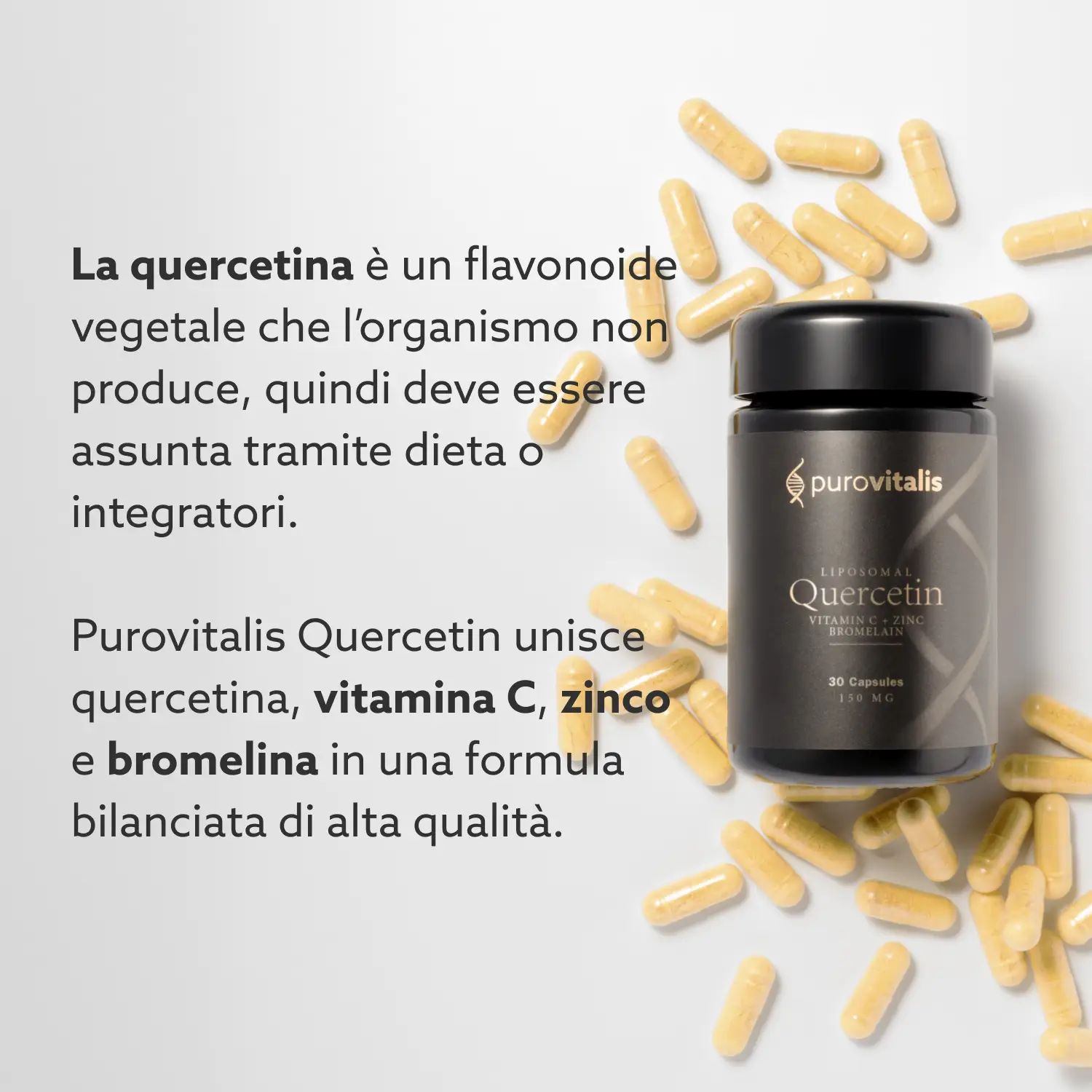 Fles en capsules. Tekst: Quercetine is een flavonoïde die het lichaam niet zelf aanmaakt. Purovitalis Quercetine met Vitamine C, Zink & Bromelaïne.