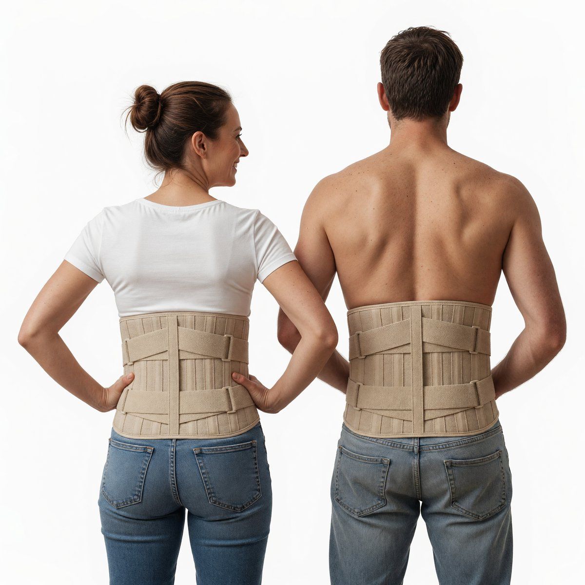Homme et femme portant tous deux un corset lombaire beige.