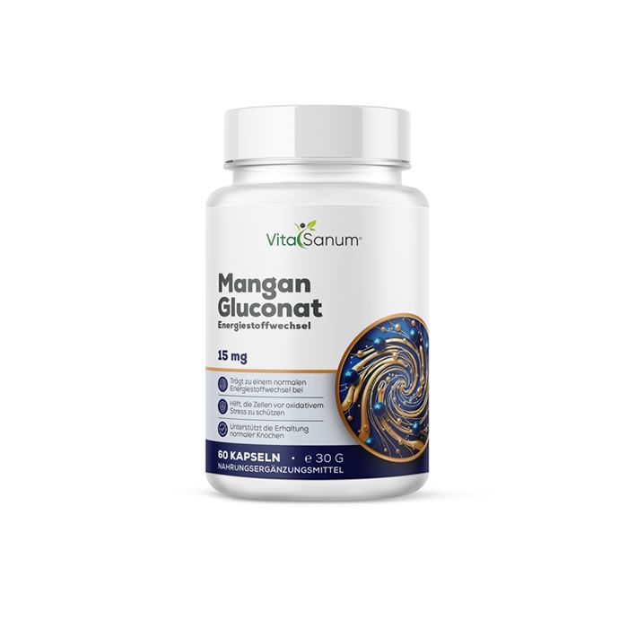 Witte fles VitaSanum Mangan Gluconaat 25 mg. Opschrift: 60 capsules, 15 mg. Blauwe achtergrond met spiraalvormig ontwerp.